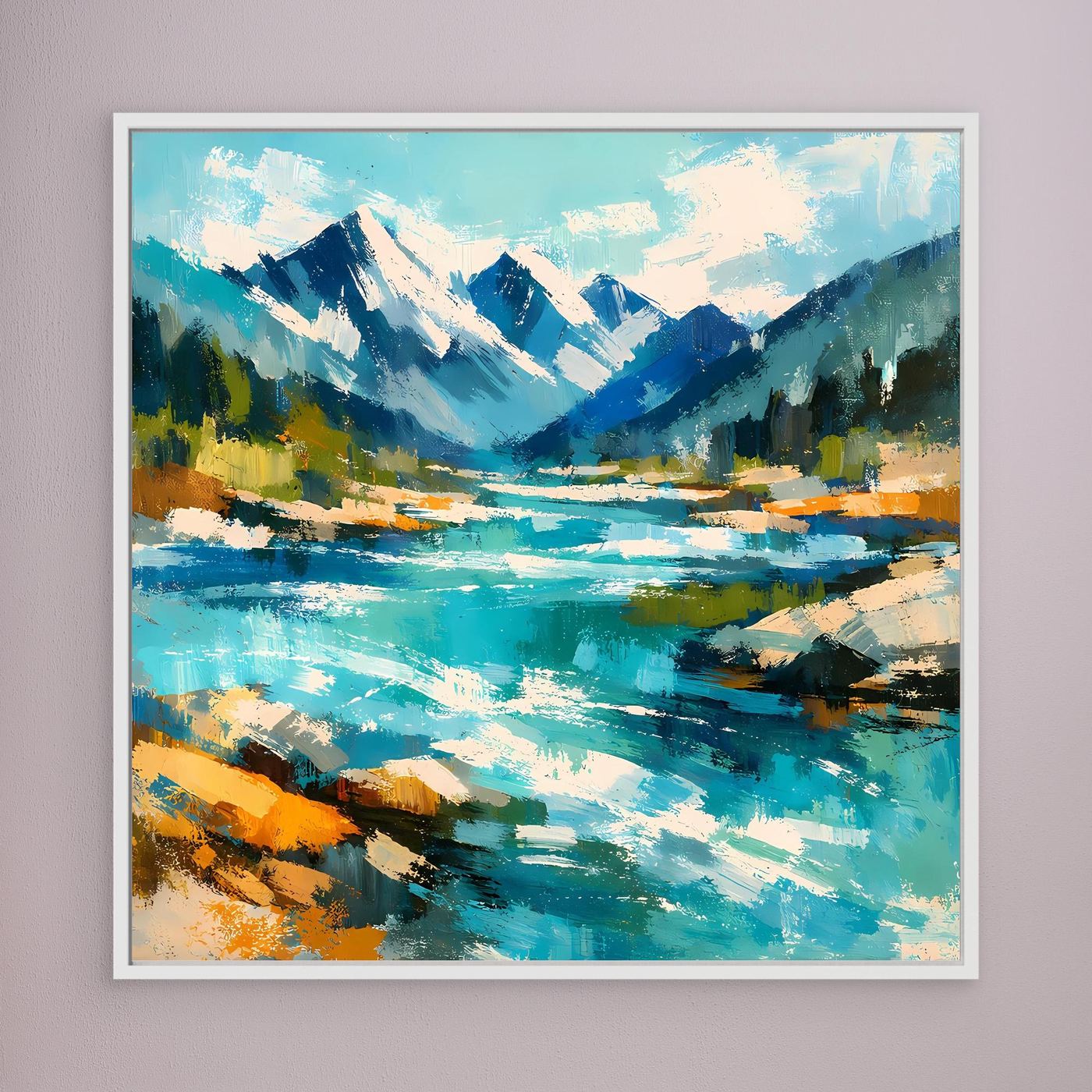 Leinwand-Wandbild mit abstrakter Alpenlandschaft am Fluss, weißer Rahmen