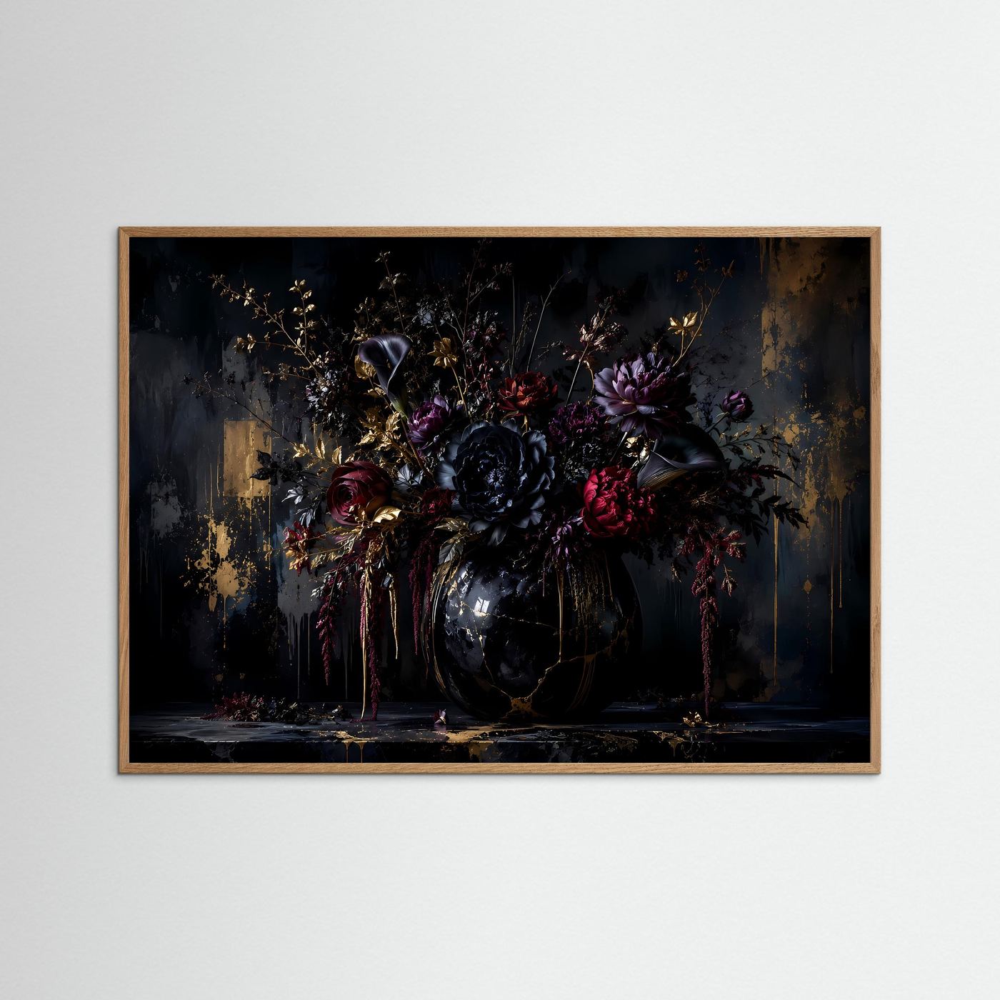 Dunkles Blumenarrangement in Gold & Schwarz | Luxuriöses Florales Wandbild Querformat