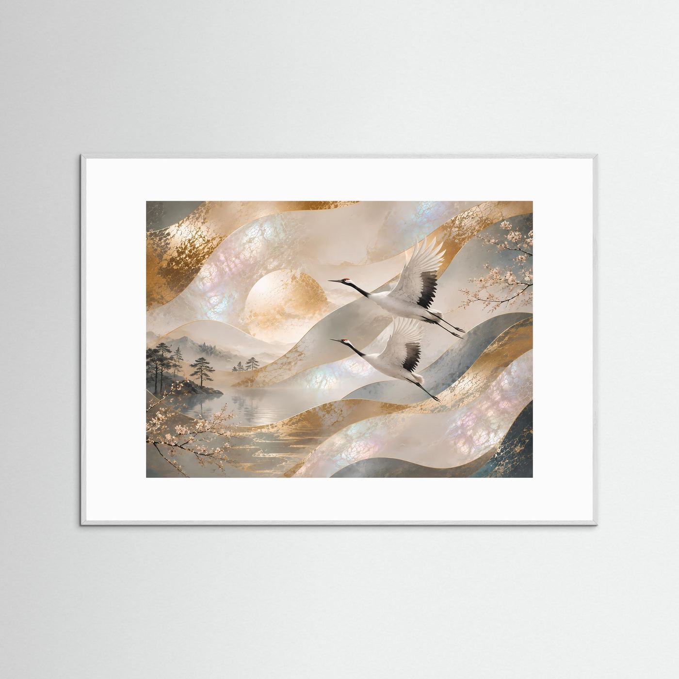 Japanische Kraniche im Flug | Elegante Perlmutt-Kunst in Gold & Creme