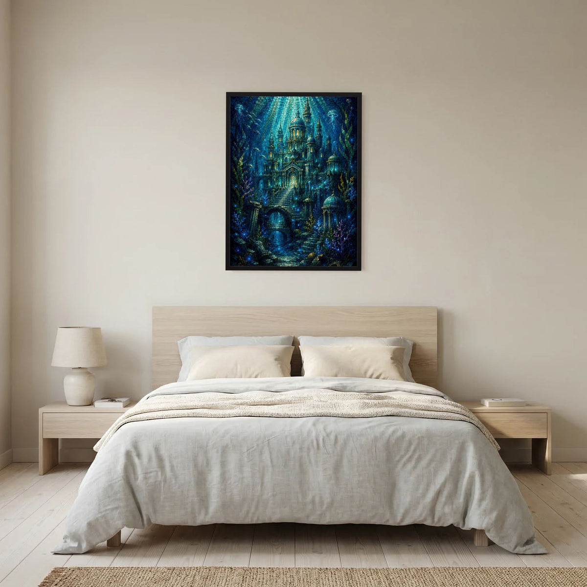 Hochformat-Poster mit Rahmen, Unterwasserstadt in Blau und Grün mit goldenen Lichtern