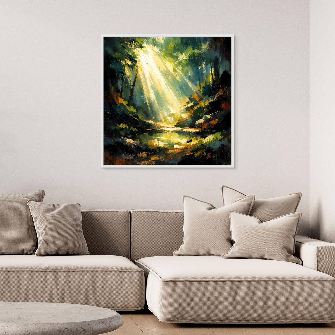 Leinwand-Wandbild: abstrakter Waldpfad mit goldenem Licht über ruhigem Teich, weißer Rahmen