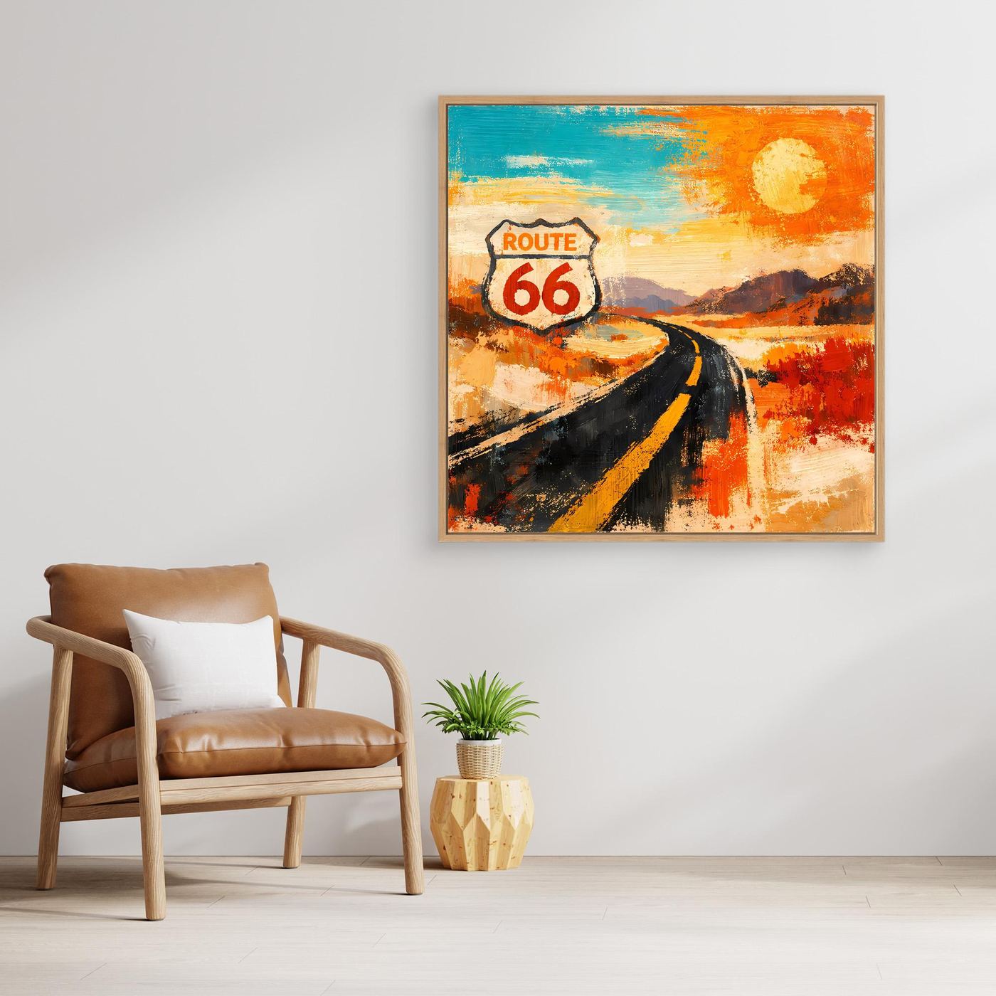 Abstraktes Leinwand-Wandbild „Route 66“ mit Holzrahmen, Straße in Blau und Orange