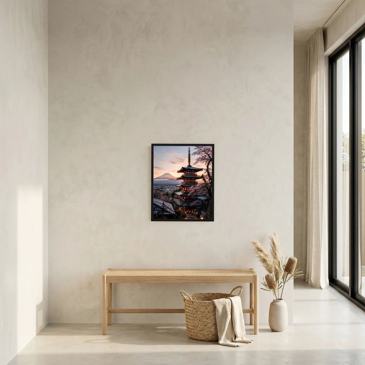 Gerahmtes Wandbild im Hochformat mit Pagode, Kirschblüten und Fuji bei Dämmerung