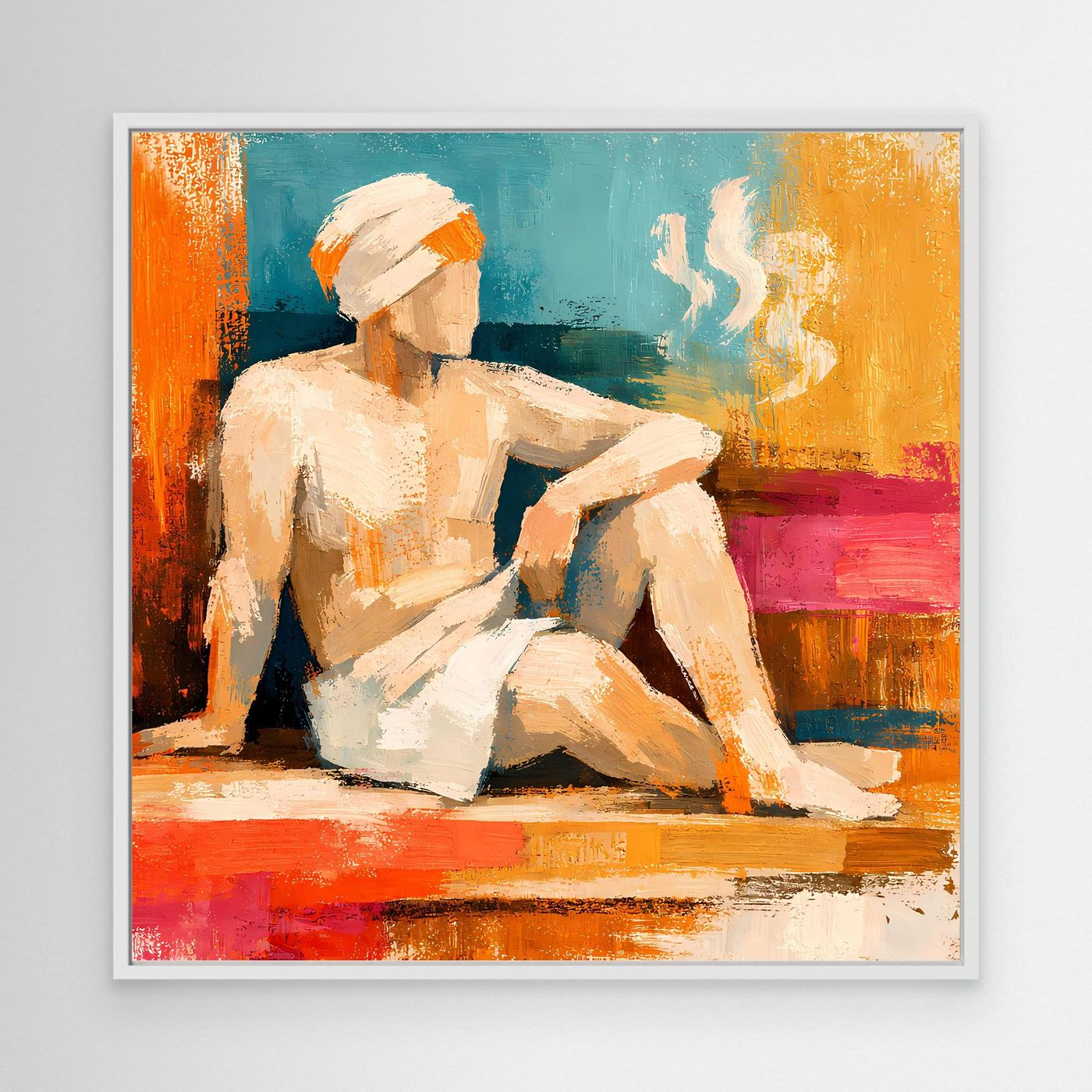 Abstract canvas wall art with white frame, seated woman holding a raised arm