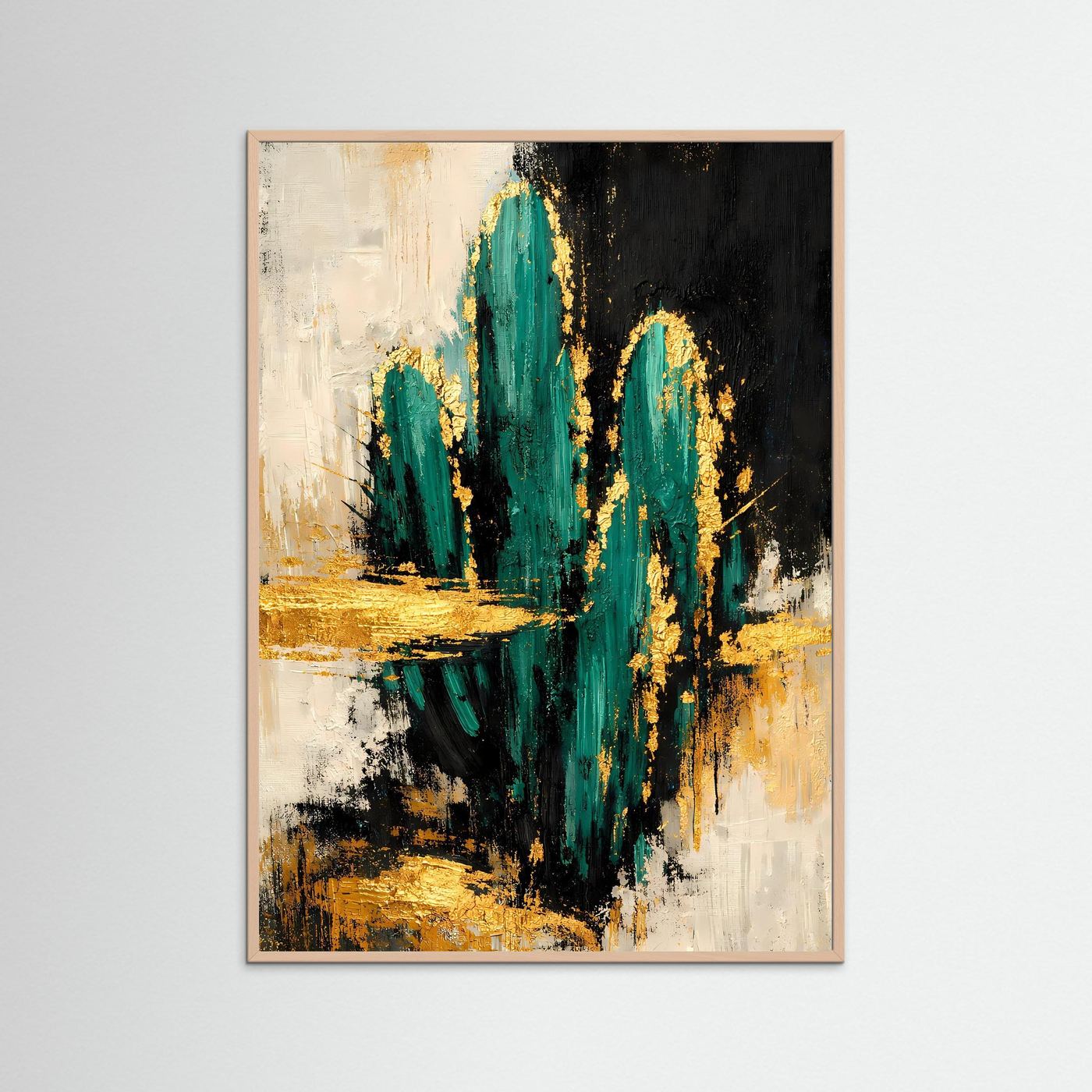Abstraktes Poster mit smaragdgrünen Kaktusformen, creme & gold, im rosafarbenen Rahmen