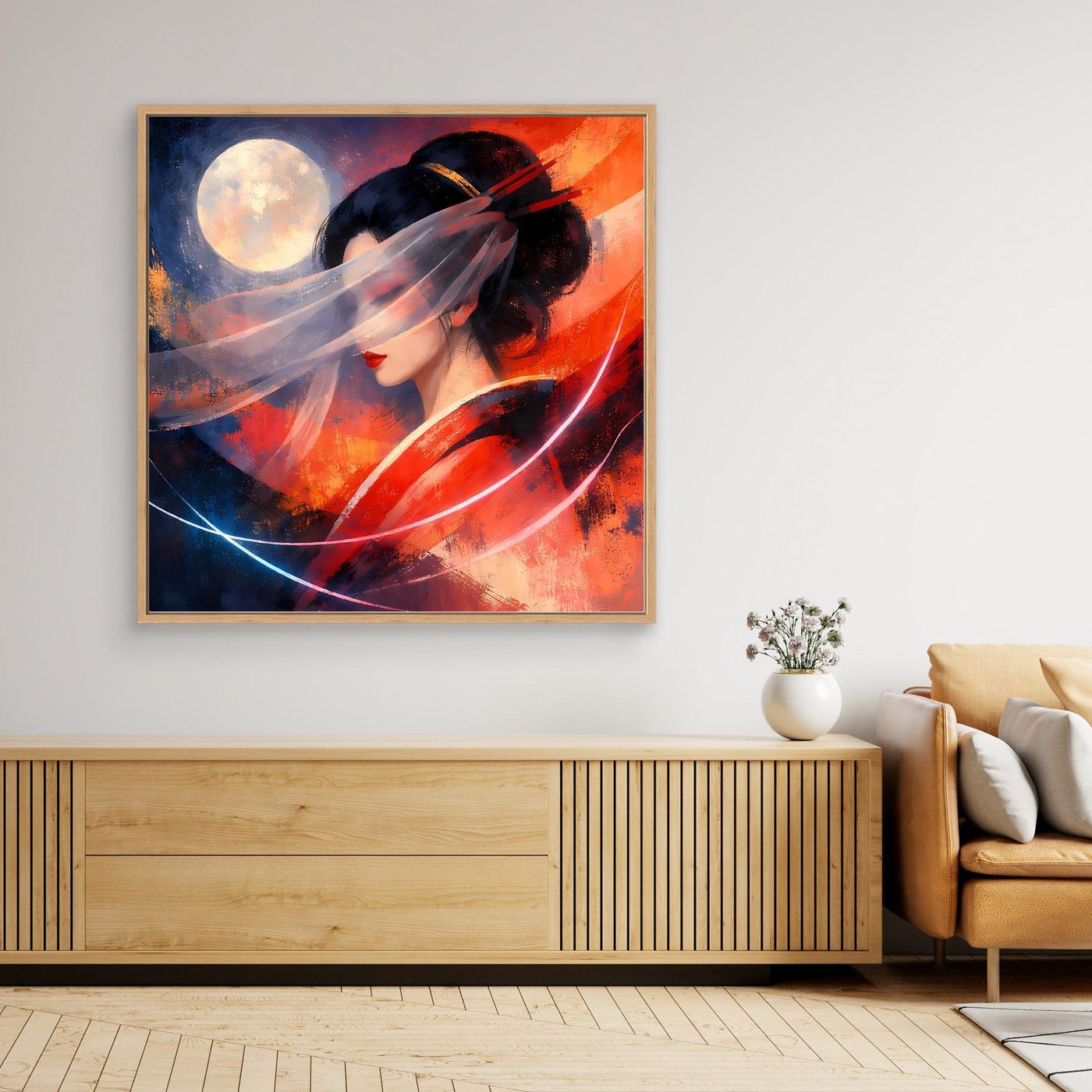 Leinwandbild mit Geisha-Porträt, abstrakt mit Mond, Kirschrot/Nachtblau, Holzrahmen