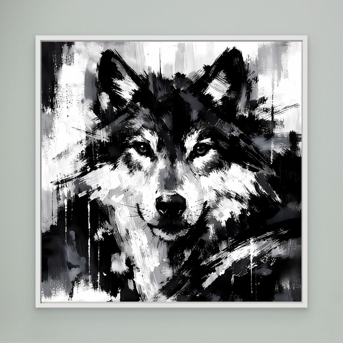 Wolf-Wandbild (Leinwand) in Schwarzweiß, mit hellem weißen Rahmen