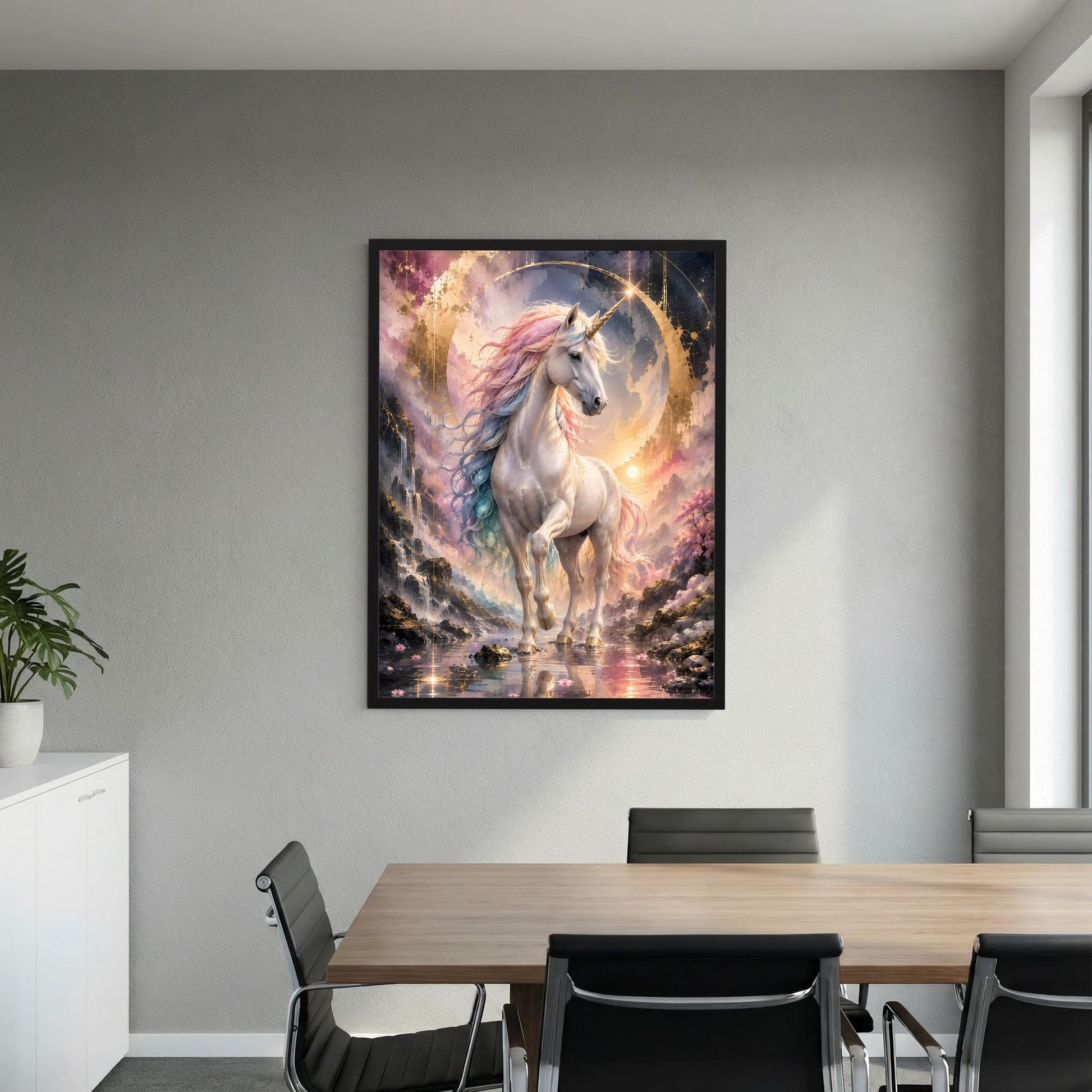Einhorn-Poster in schwarzem Rahmen an heller Wand: weißes geflügeltes Einhorn mit goldenem Kreis.