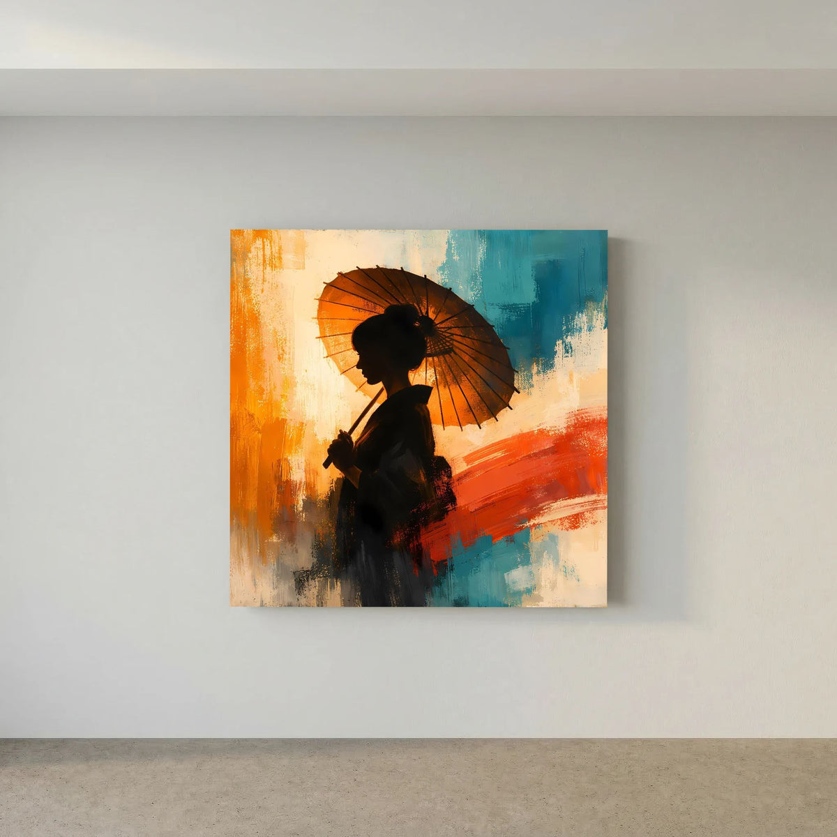 Keilrahmen-Leinwand mit Frauensilhouette und Sonnenschirm, abstrakter Pinselstrich in Orange und Blau