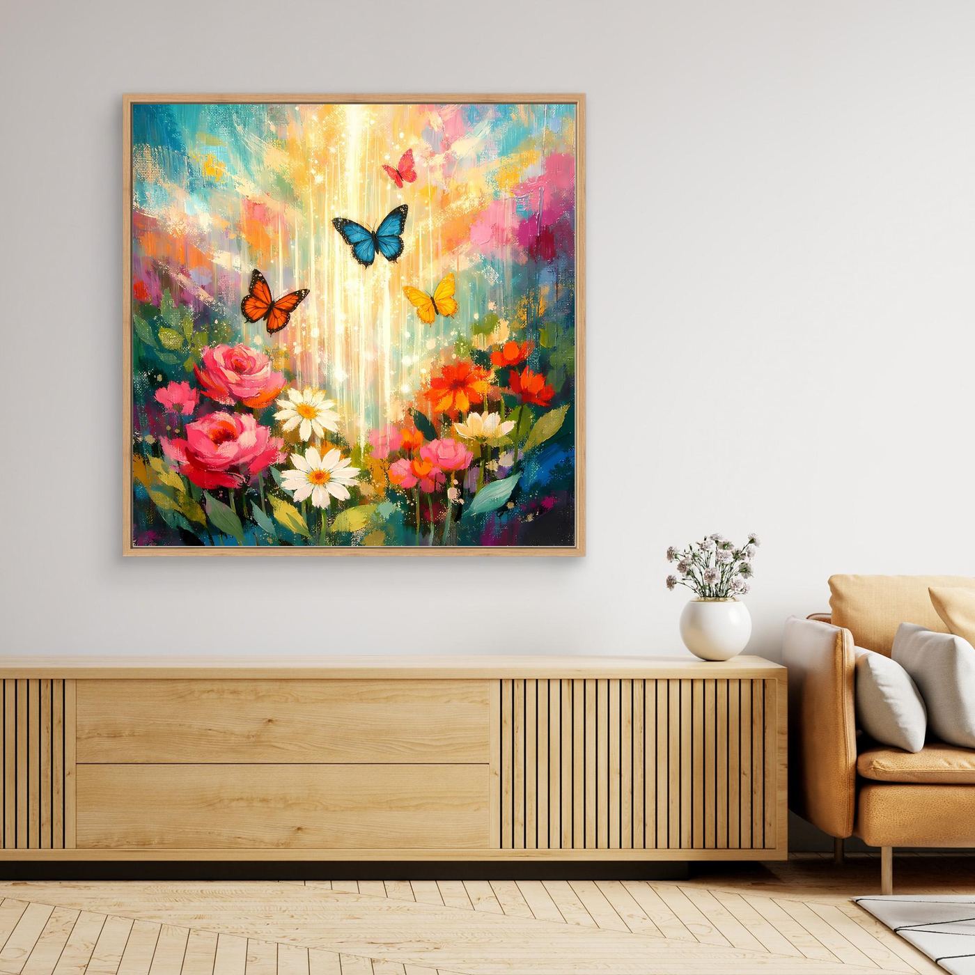 Wandbild mit bunten Blumen und Schmetterlingen im goldfarbenen Rahmen