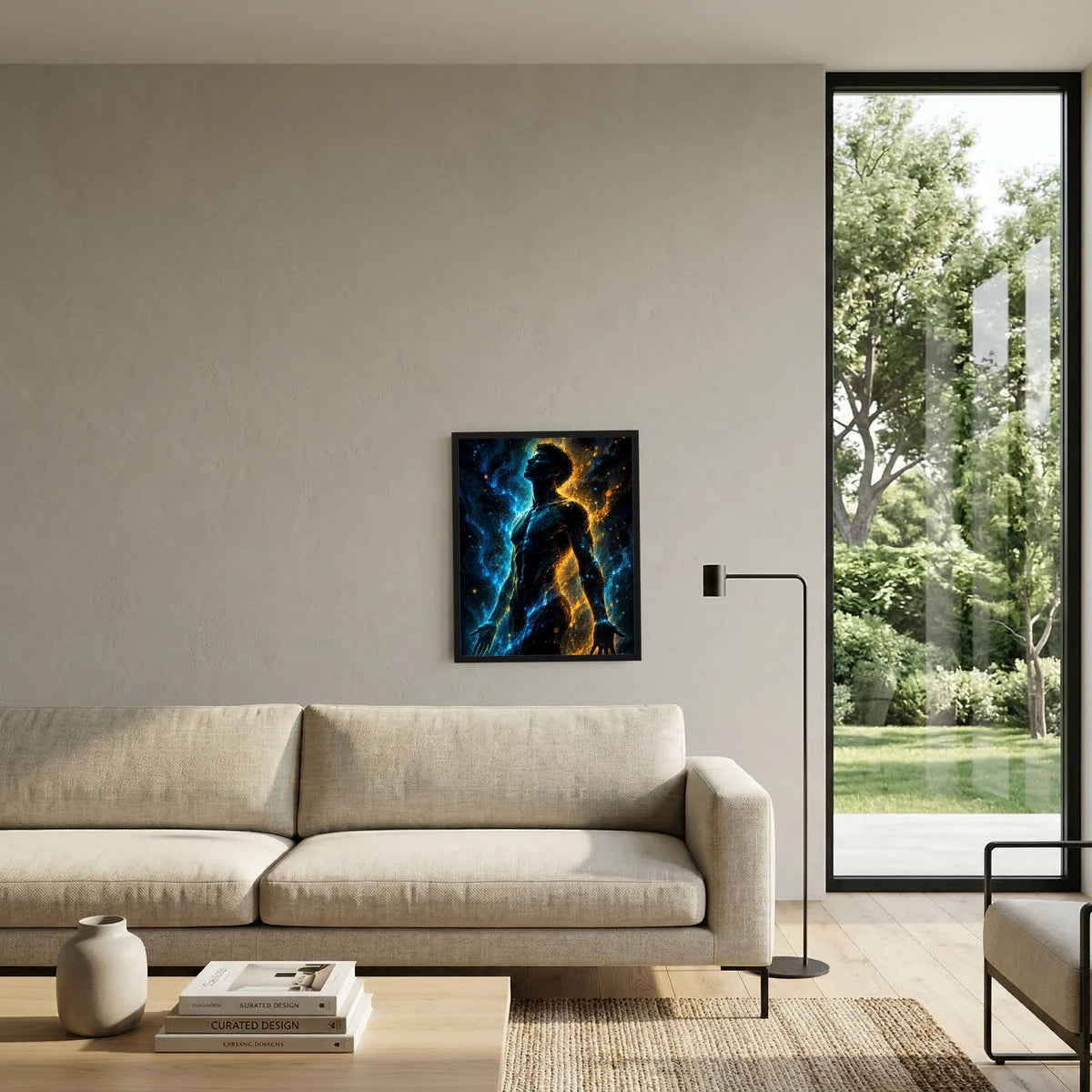 Poster mit männlicher Silhouette in Blau und Gold, im schwarzen Rahmen