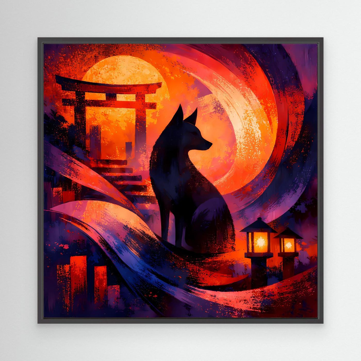 Abstraktes Leinwand-Wandbild mit schwarzem Rahmen: Kitsune am Torii, Mondsichel, Laternen