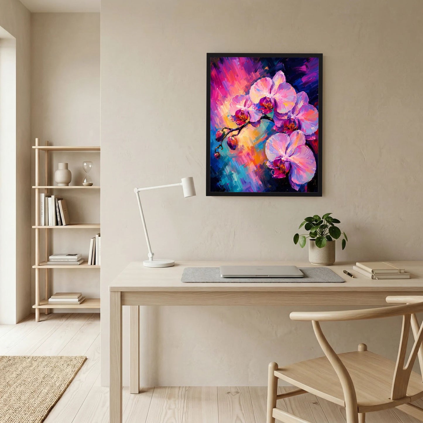 Wand-Kunstposter mit abstrakten rosa Orchideenblüten über buntem Farbverlauf