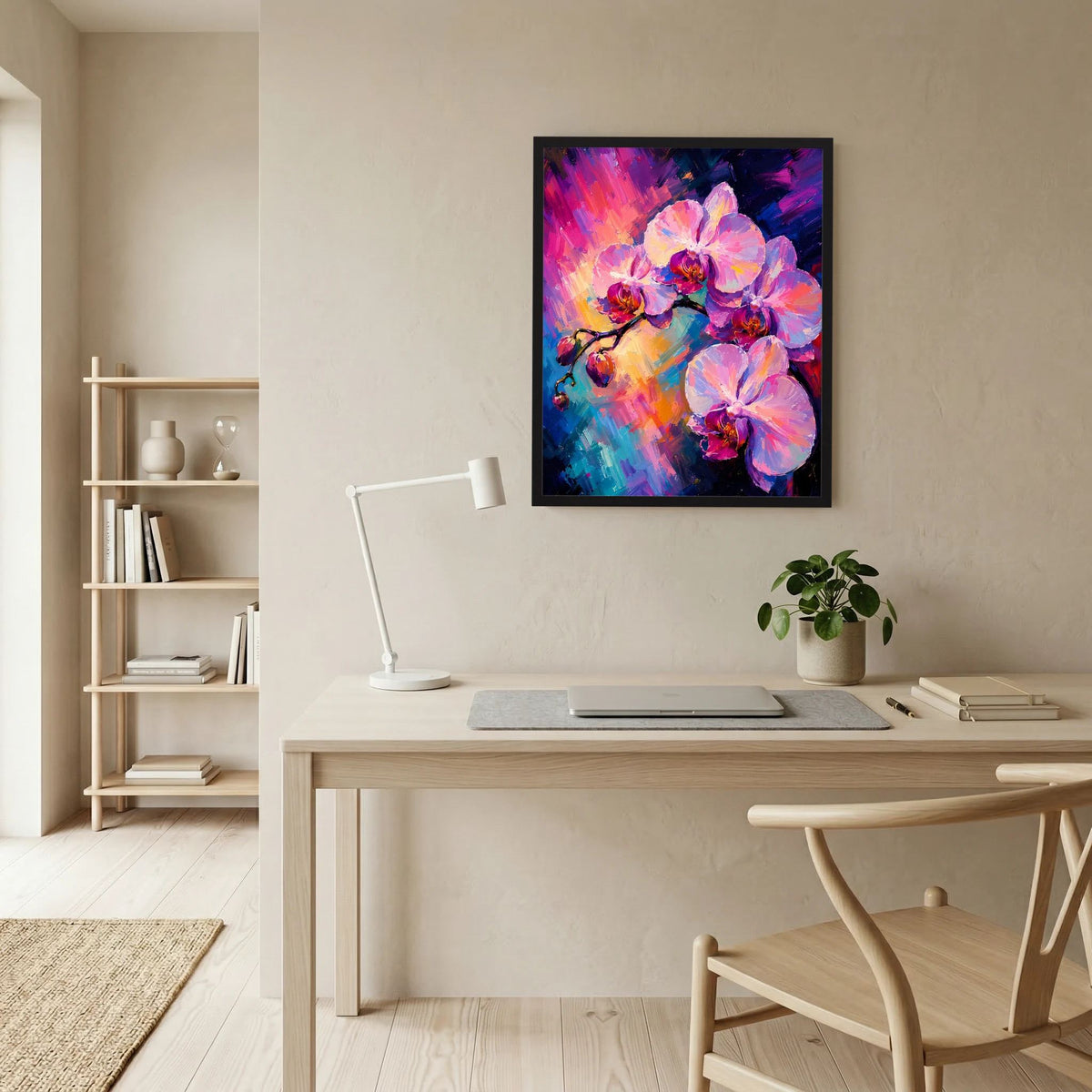 Wand-Kunstposter mit abstrakten rosa Orchideenblüten über buntem Farbverlauf