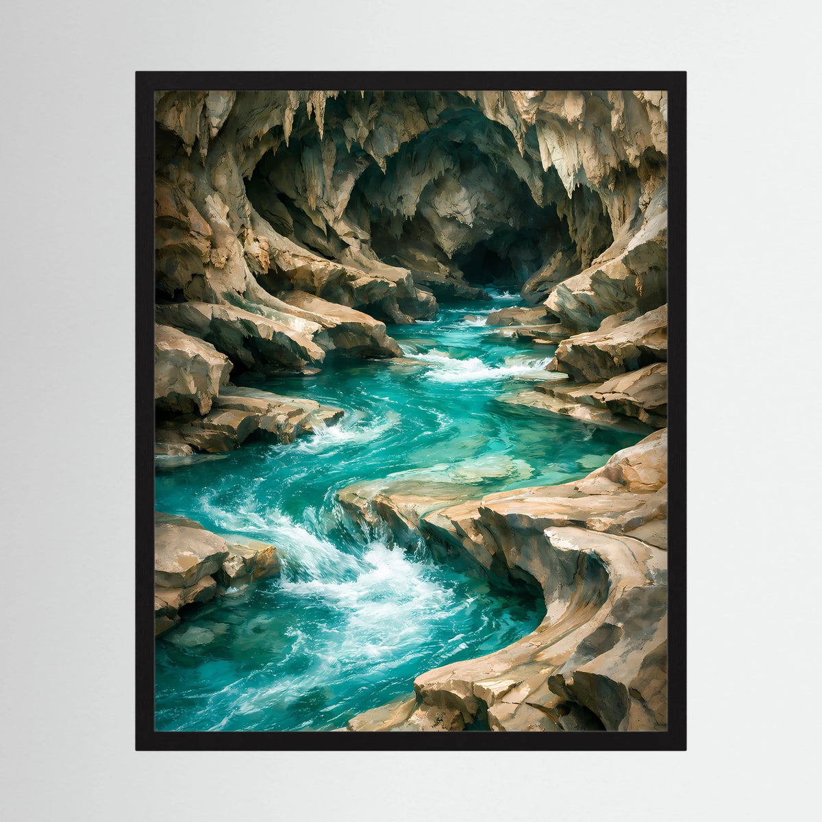 Kunstposter Hochformat mit schwarzem Rahmen: türkisfarbene Höhlenquelle, Felswände, klares Wasser.