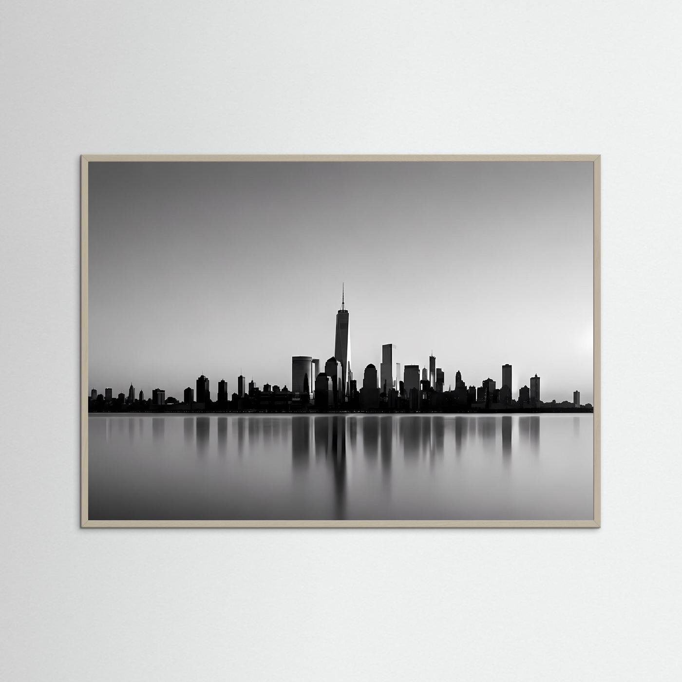 Poster mit Schwarz-Weiß-Skyline, Querformat, in grauem Rahmen