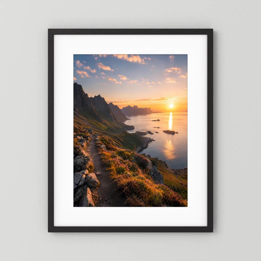 Poster im Hochformat mit schwarzem Rahmen und weißem Passepartout, Küste bei Sonnenuntergang