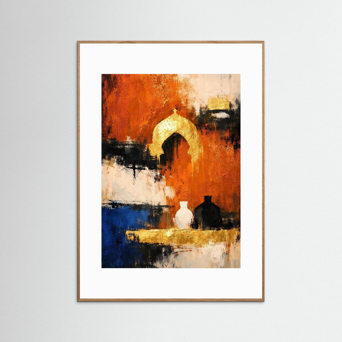 Abstraktes Wandbild: beiger Rahmen, goldener Bogen, Orange, Blau und schwarze Formen