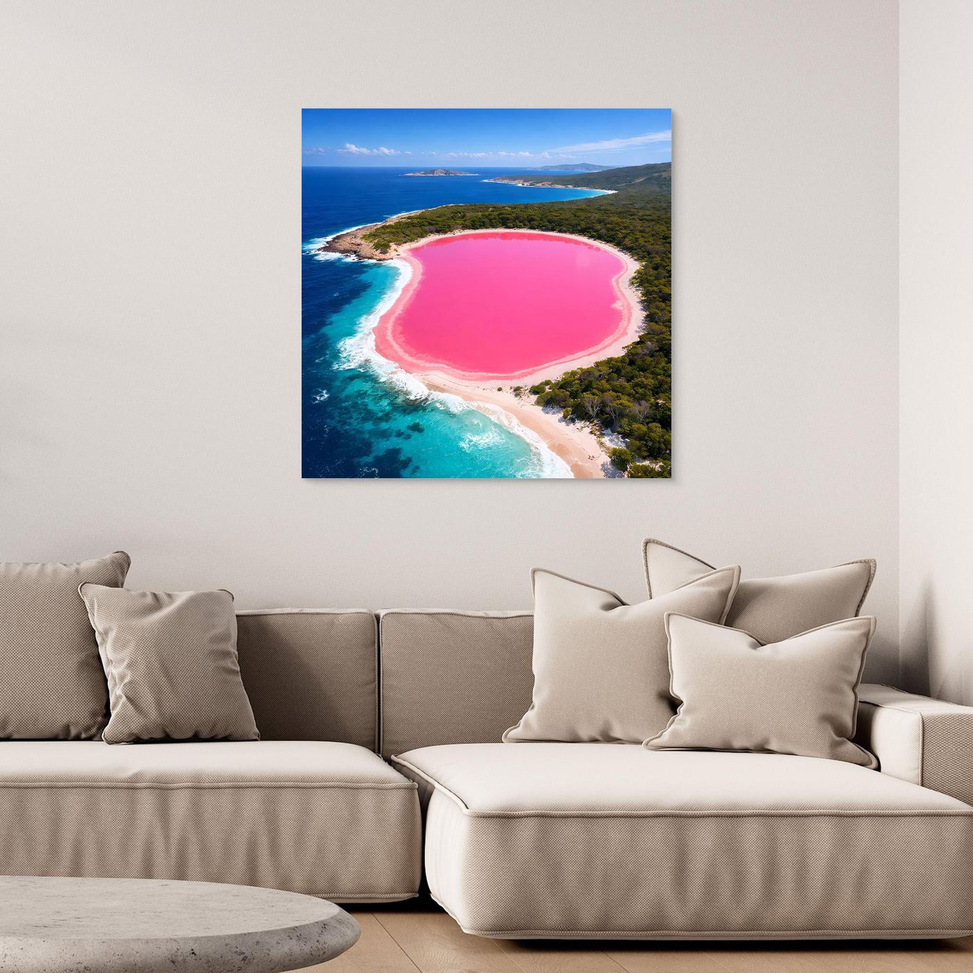 Leinwandbild: rosafarbener See mit Küste und türkisblauem Wasser