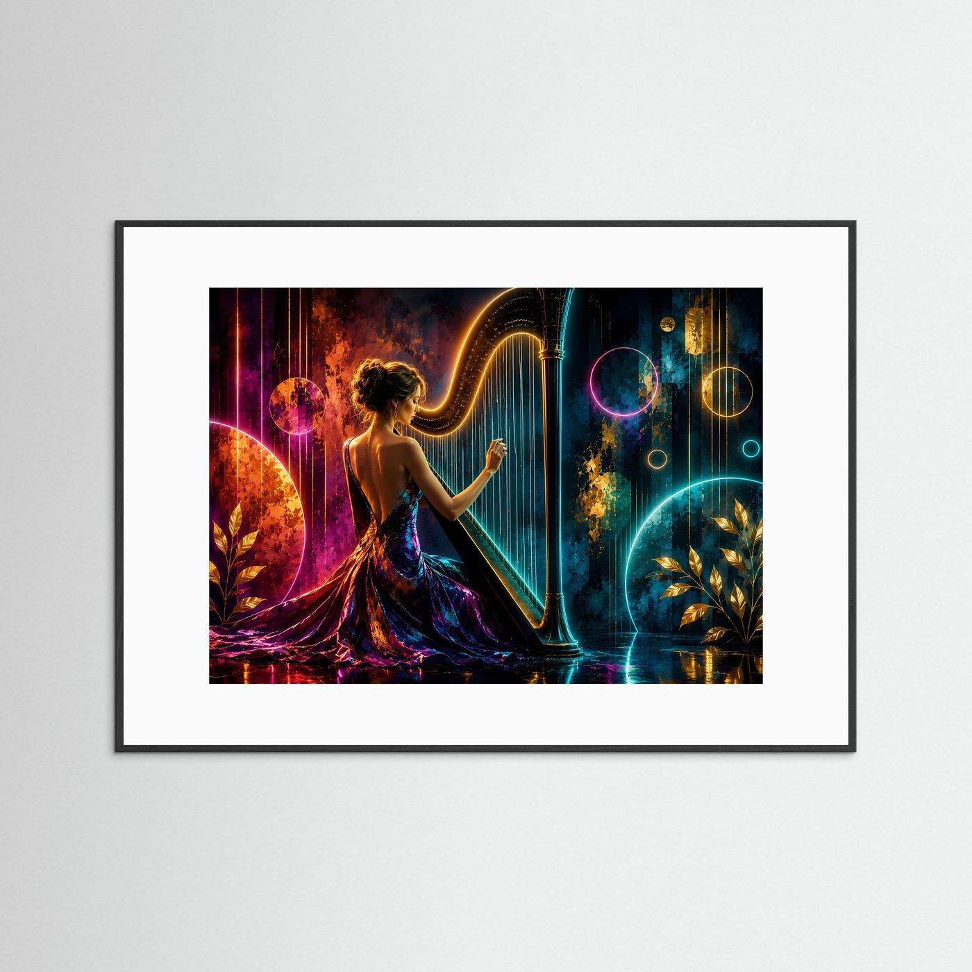 Magische Harfenklänge in Neon & Gold | Modernes Musik & Fantasy Poster Querformat