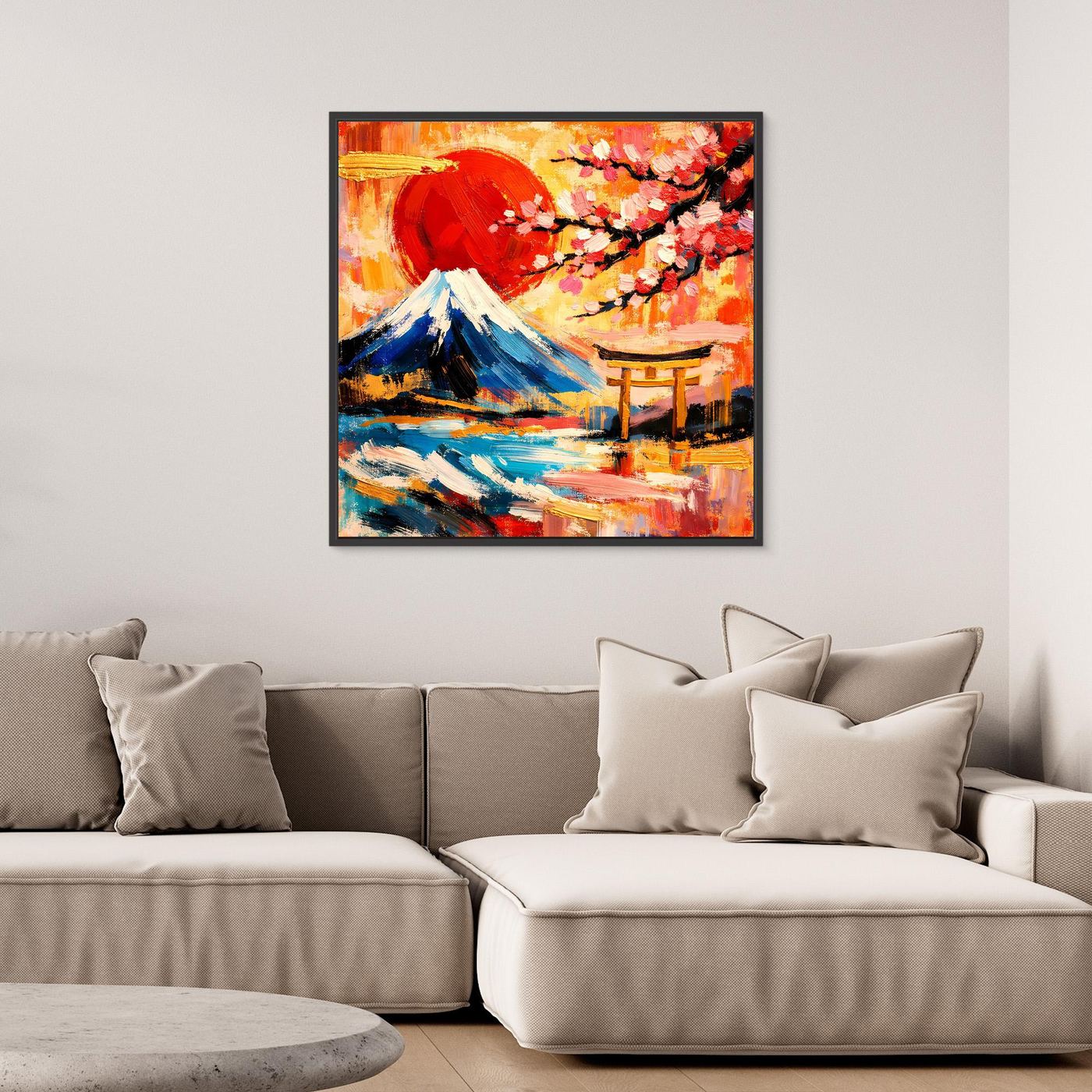 Gerahmtes Leinwandbild mit Berg Fuji, Torii und Kirschblüten in Rot-Gold und Blau