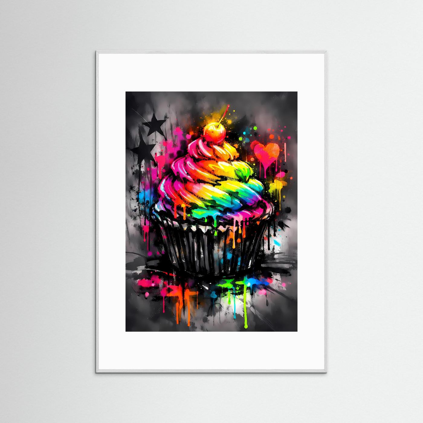 Süße Farbexplosion | Regenbogen Cupcake Poster in Neon-Optik & Graffiti-Style | Abstraktes Kunstposter Hochformat