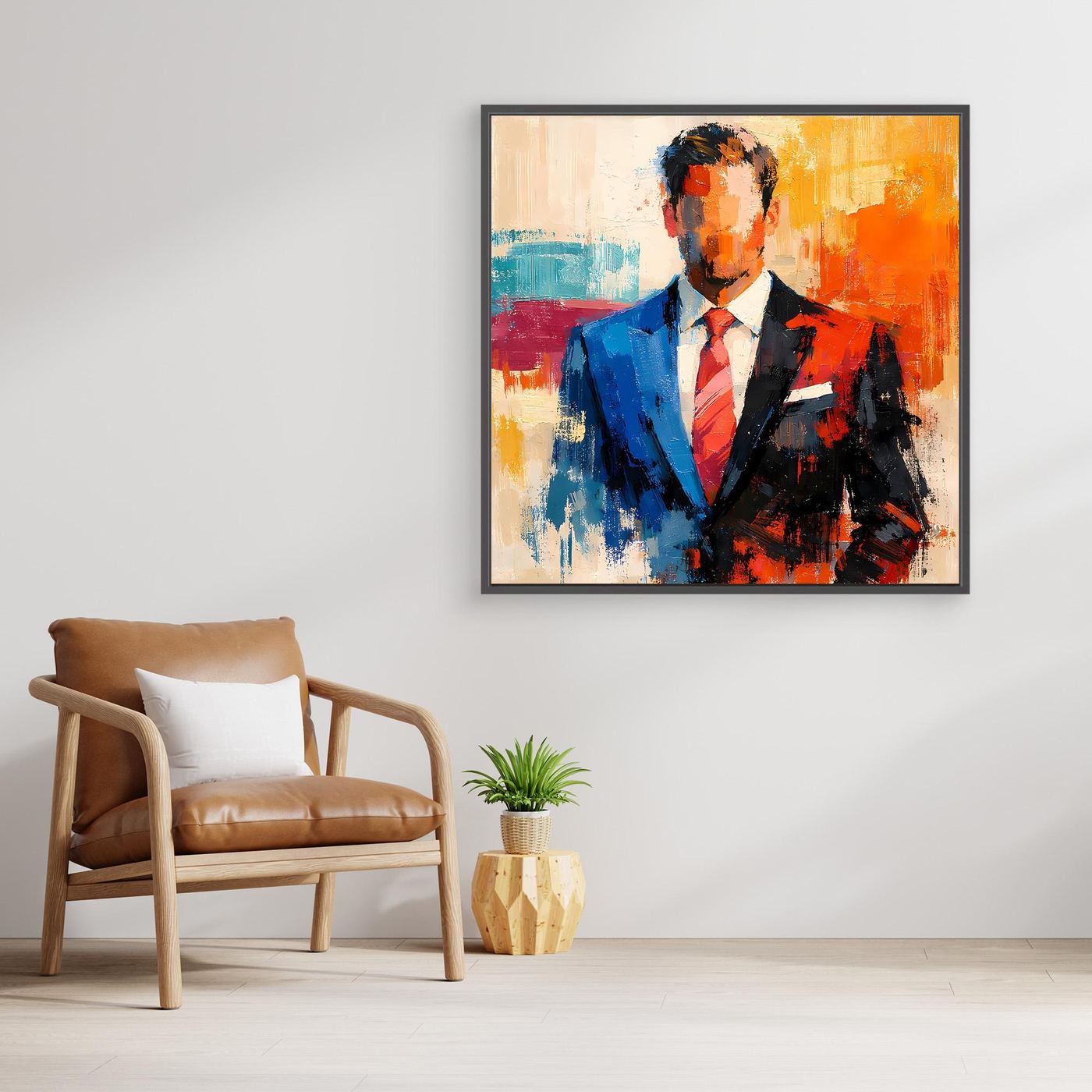 Abstract business portrait wall art in a dark frame; blue suit, orange highlights, red tie.