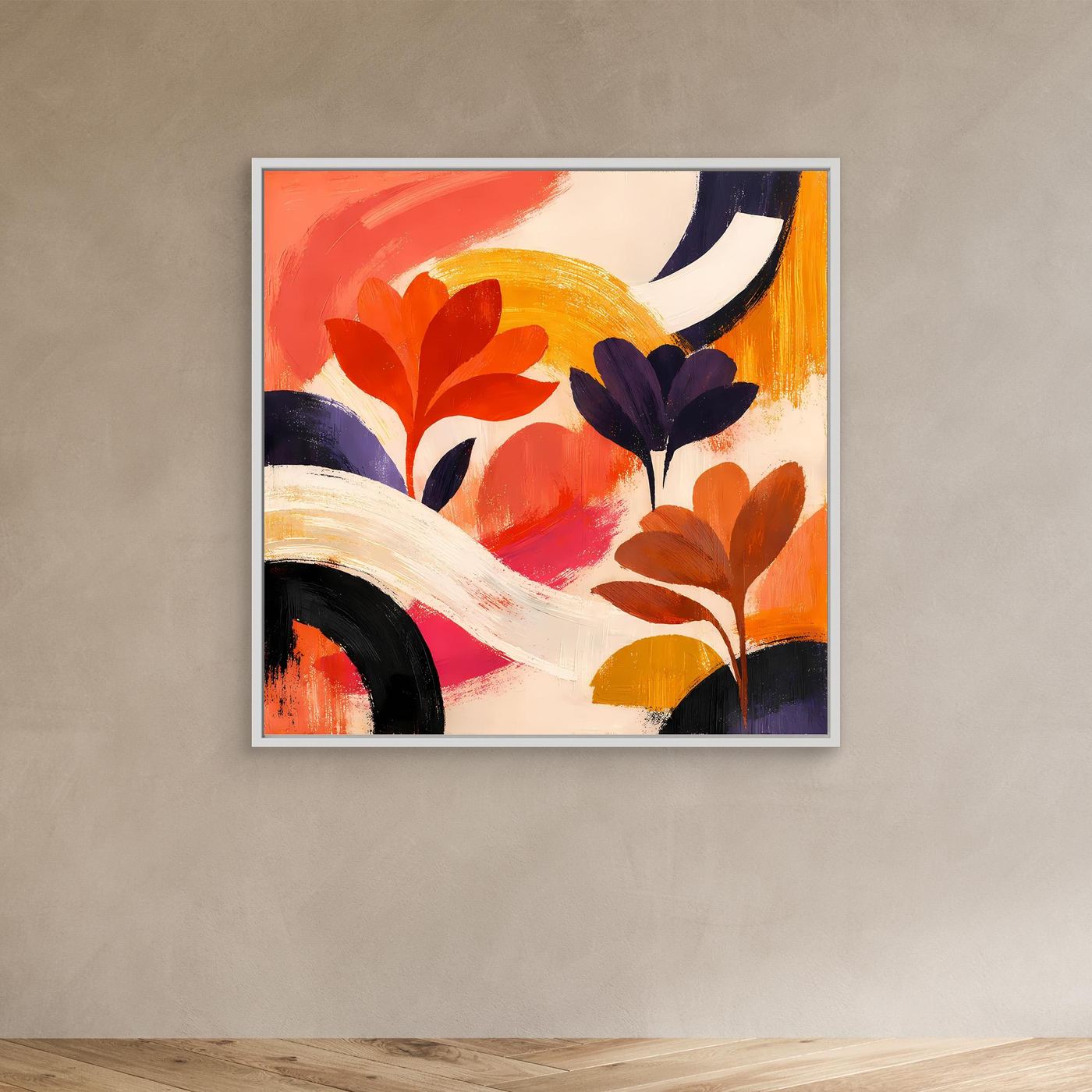 Leinwandbild abstrakte Blumen, Rot, Orange und Violett; Rahmen dunkel