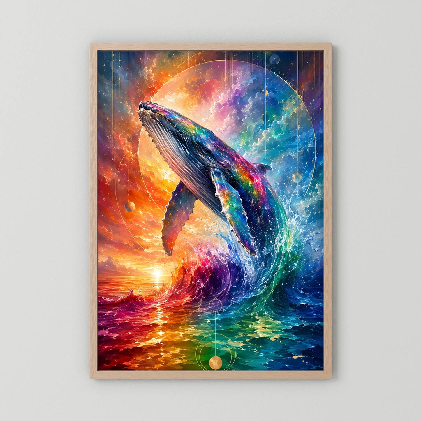 Poster mit Wal-Motiv im Regenbogenmeer, im hellen Holzrahmen