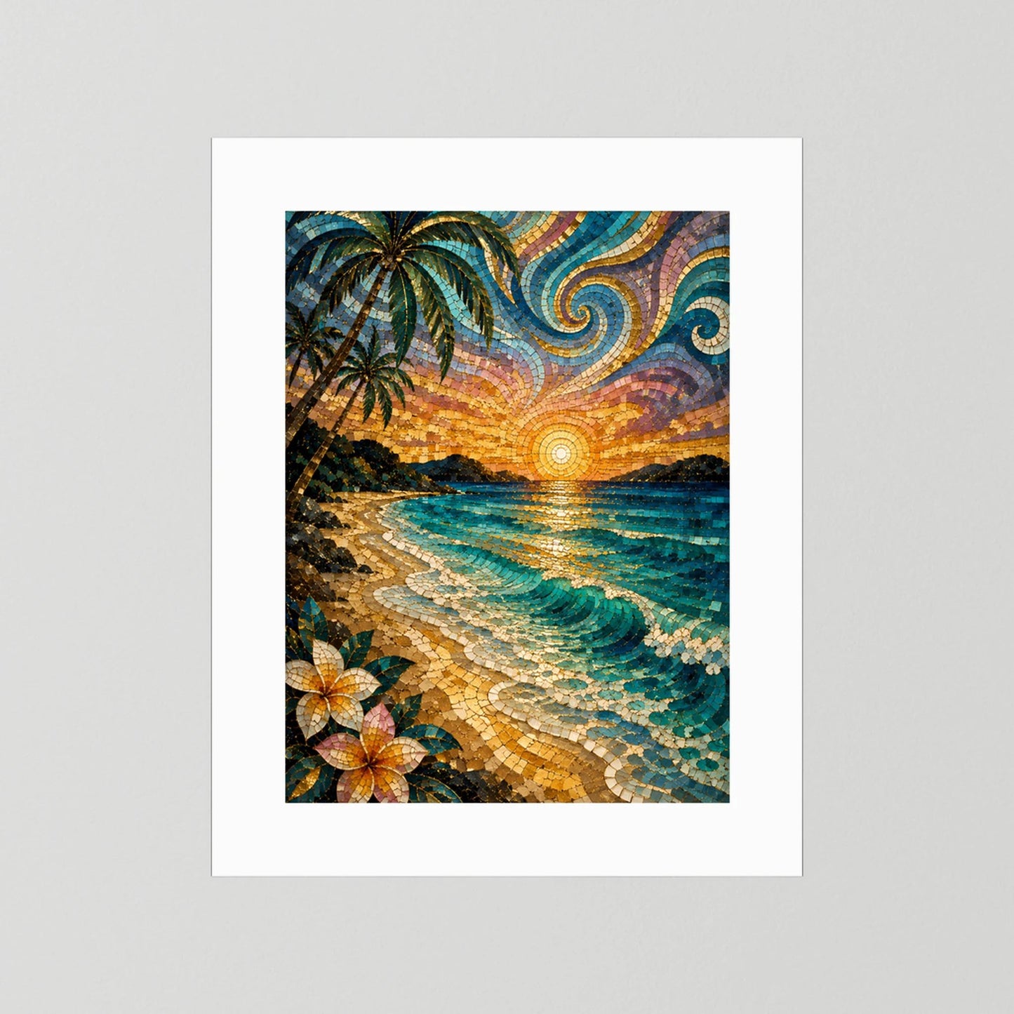 Poster im weißen Passepartout mit Mosaikmotiv: Palmen, Küste, türkisblaues Meer und Sonnenuntergang.
