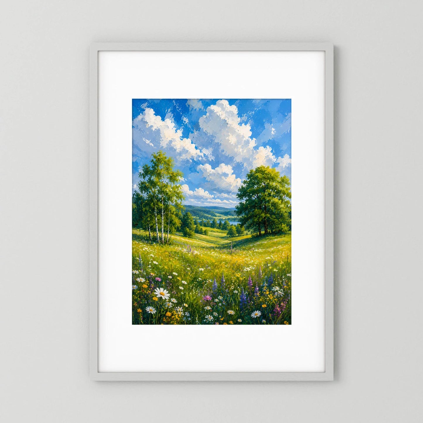 Hochformat-Kunstposter: Landschaftsgemälde mit blauem Himmel, Wolken, grüner Wiese und Blumen