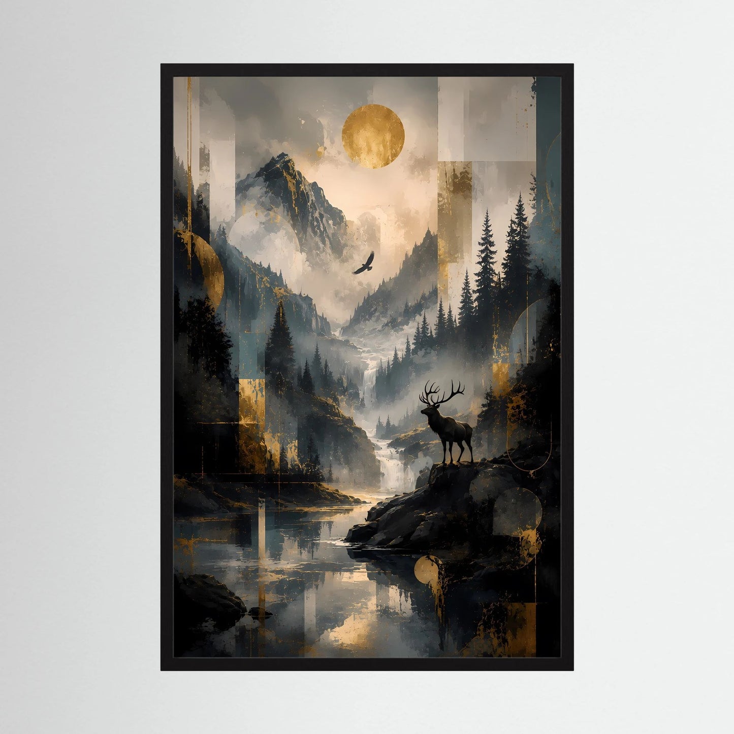 Hochformatiges Poster mit Hirsch auf Fels, Mond über Berglandschaft und Wasserlauf