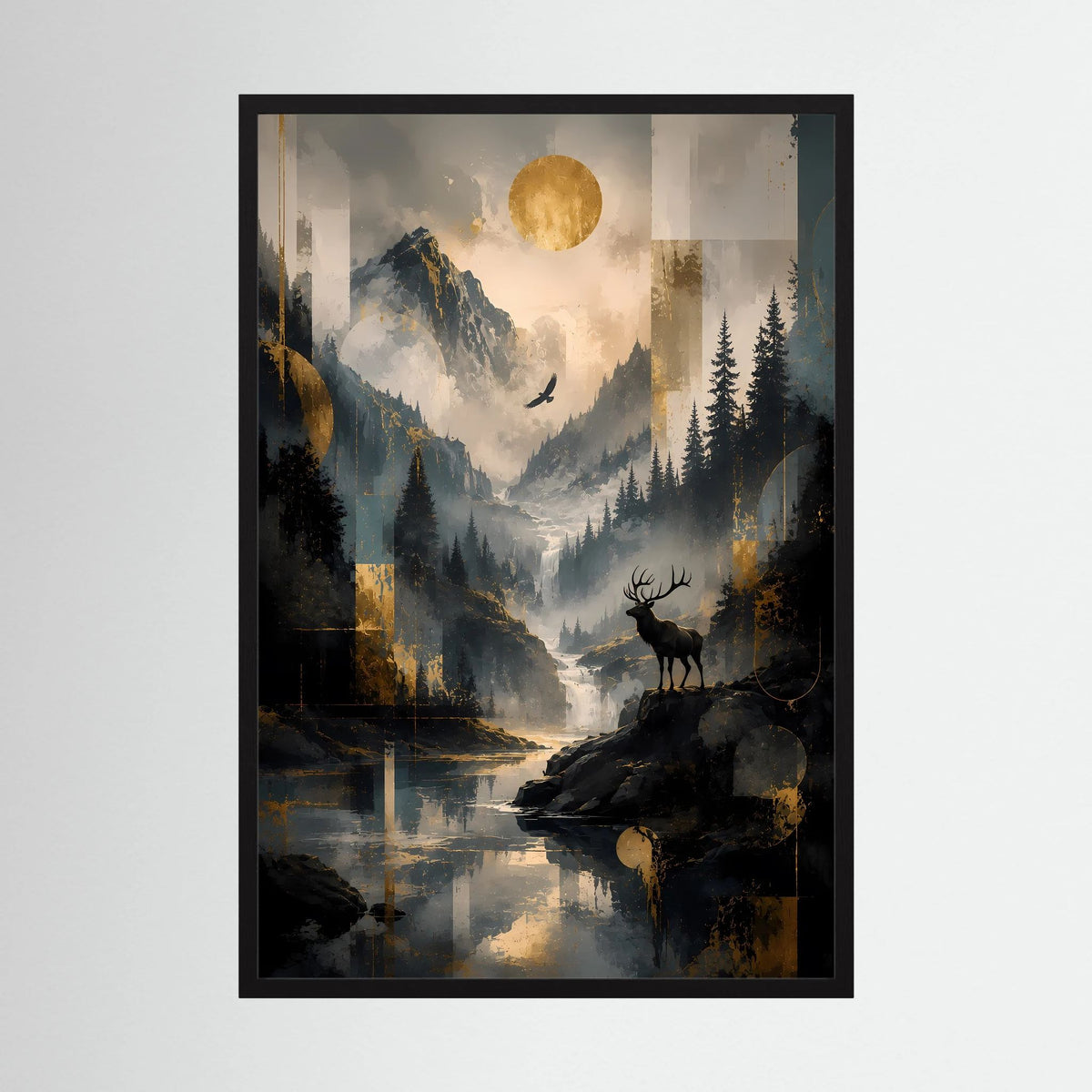 Hochformatiges Poster mit Hirsch auf Fels, Mond über Berglandschaft und Wasserlauf