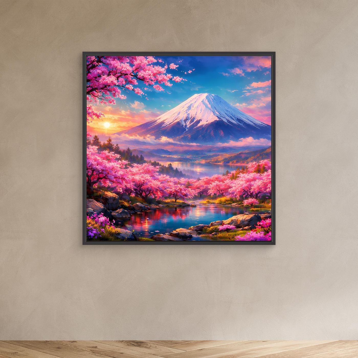 Leinwandbild Magischer Fuji & Kirschblüte | Japanisches Frühlingserwachen Wandbild auf echtem Holzkeilrahmen