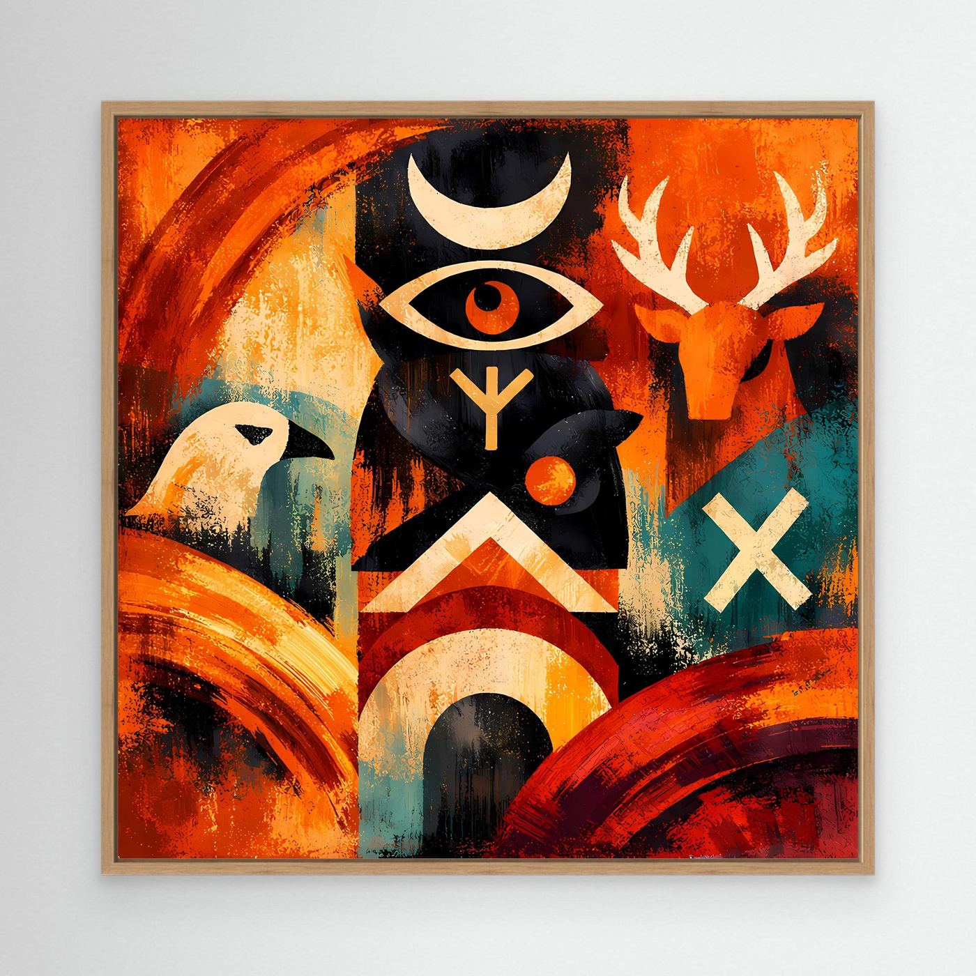 Abstraktes Totem-Leinwandbild mit Runen, Auge und Hörnern; im hellem Holzrahmen