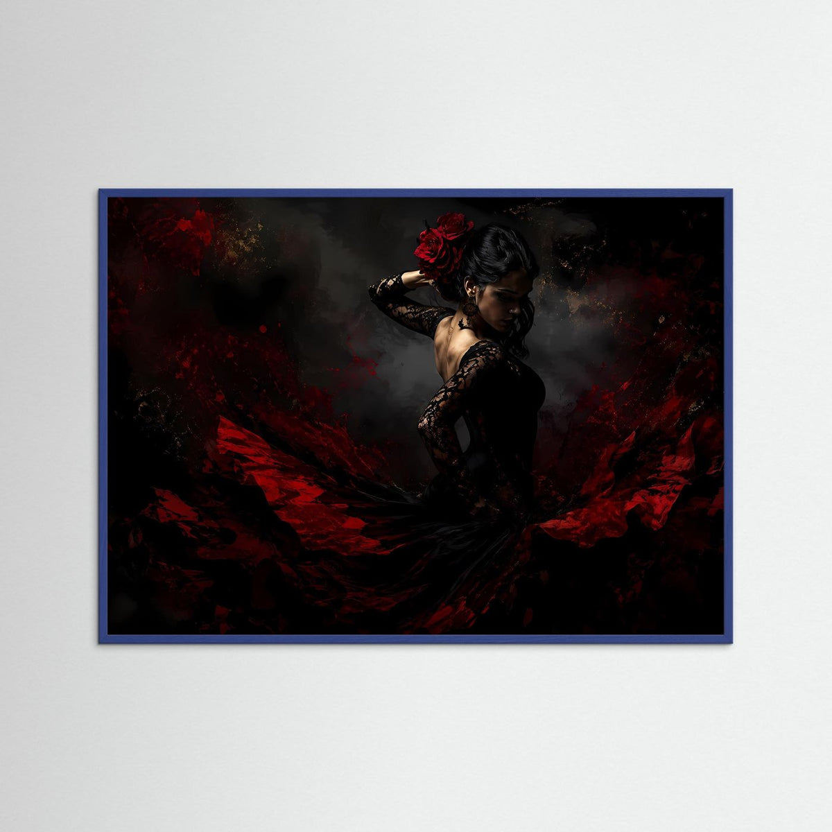Querformatiges Flamenco-Wandbild mit blauem Holzrahmen, Tänzerin vor dunklem Rot-Schwarz.