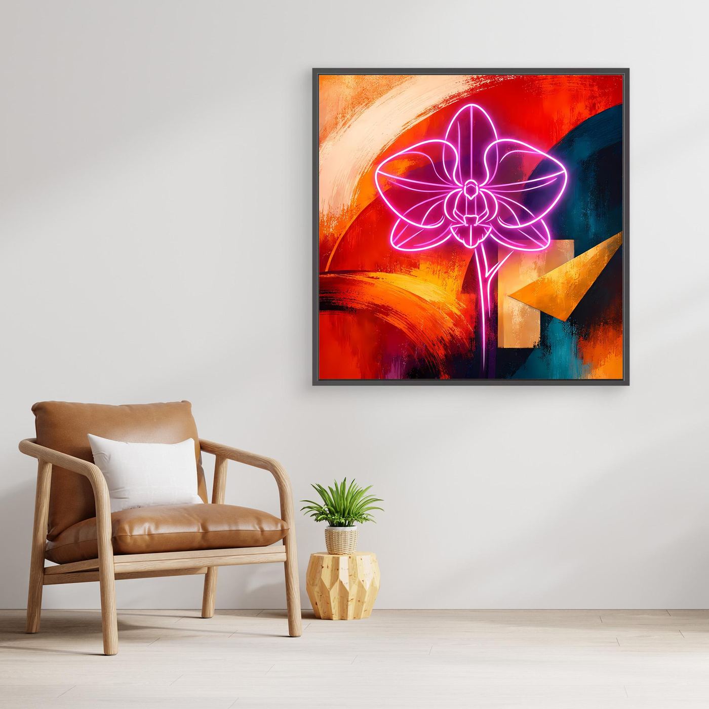 Gerahmtes Leinwandbild mit leuchtender Orchidee: neonpinkes Motiv auf rotem, blauem und gelbem Grund