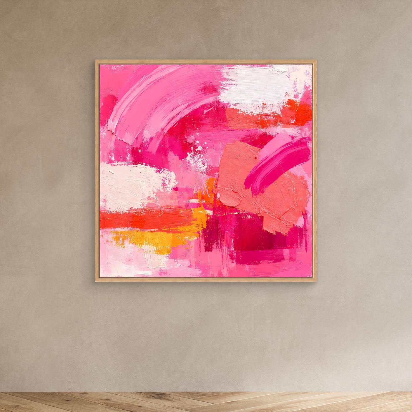 Abstraktes Leinwandbild im Eichenrahmen, rosa Pinselstriche mit orange und weiß.