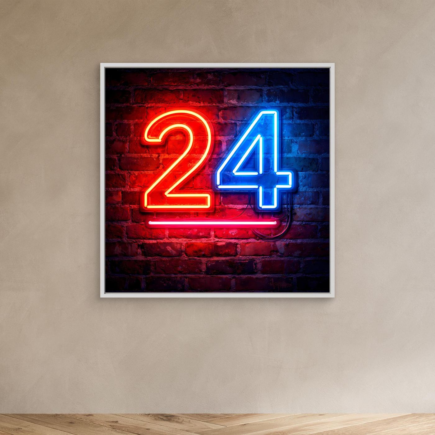 Neon-Wandbild Zahl 24, rot-blau auf Backstein, kleines Format, silberner Rahmen