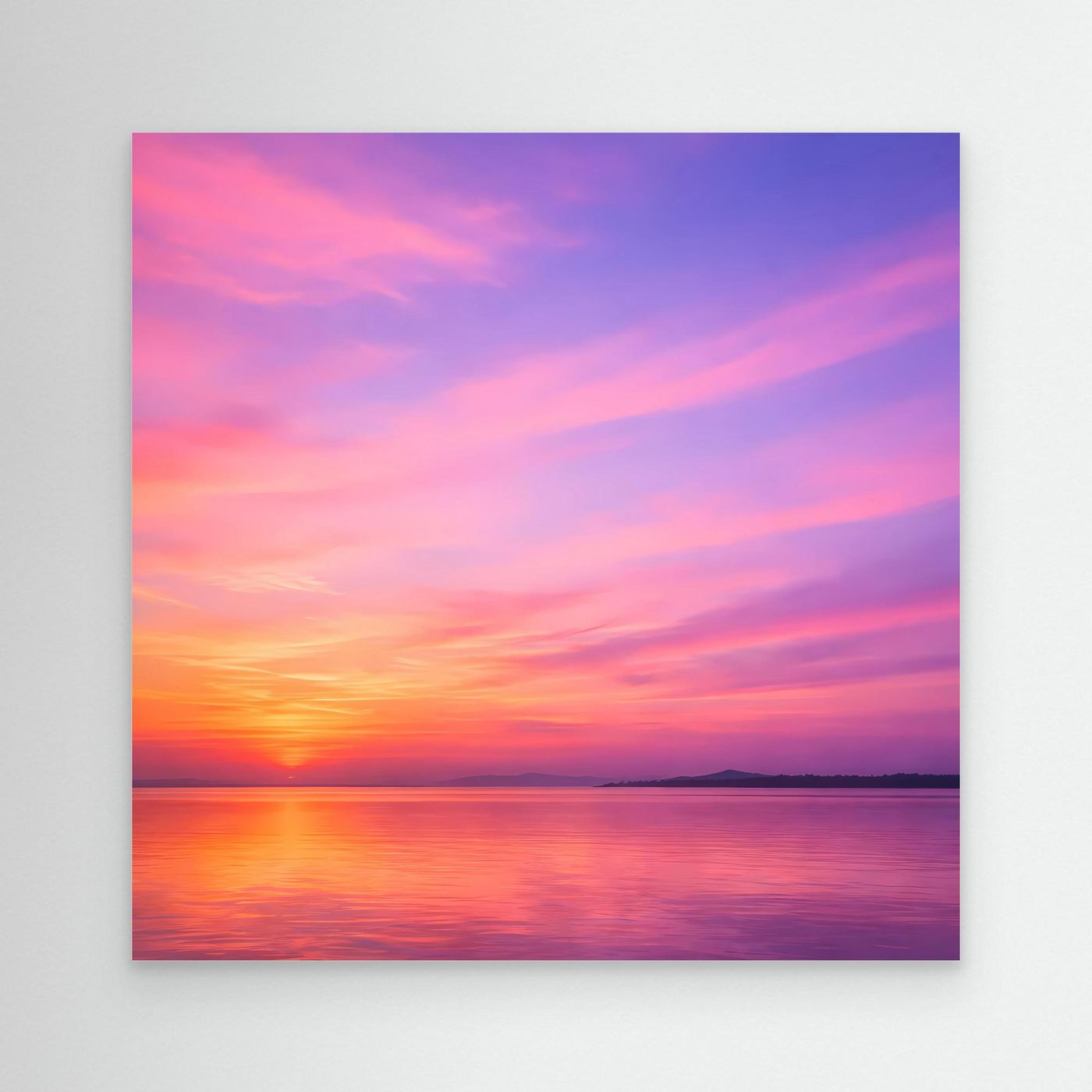 Leinwandbild „Pastel Sunset“ ohne Rahmen, Pastell-Sonnenuntergang mit Spiegelung im Wasser.