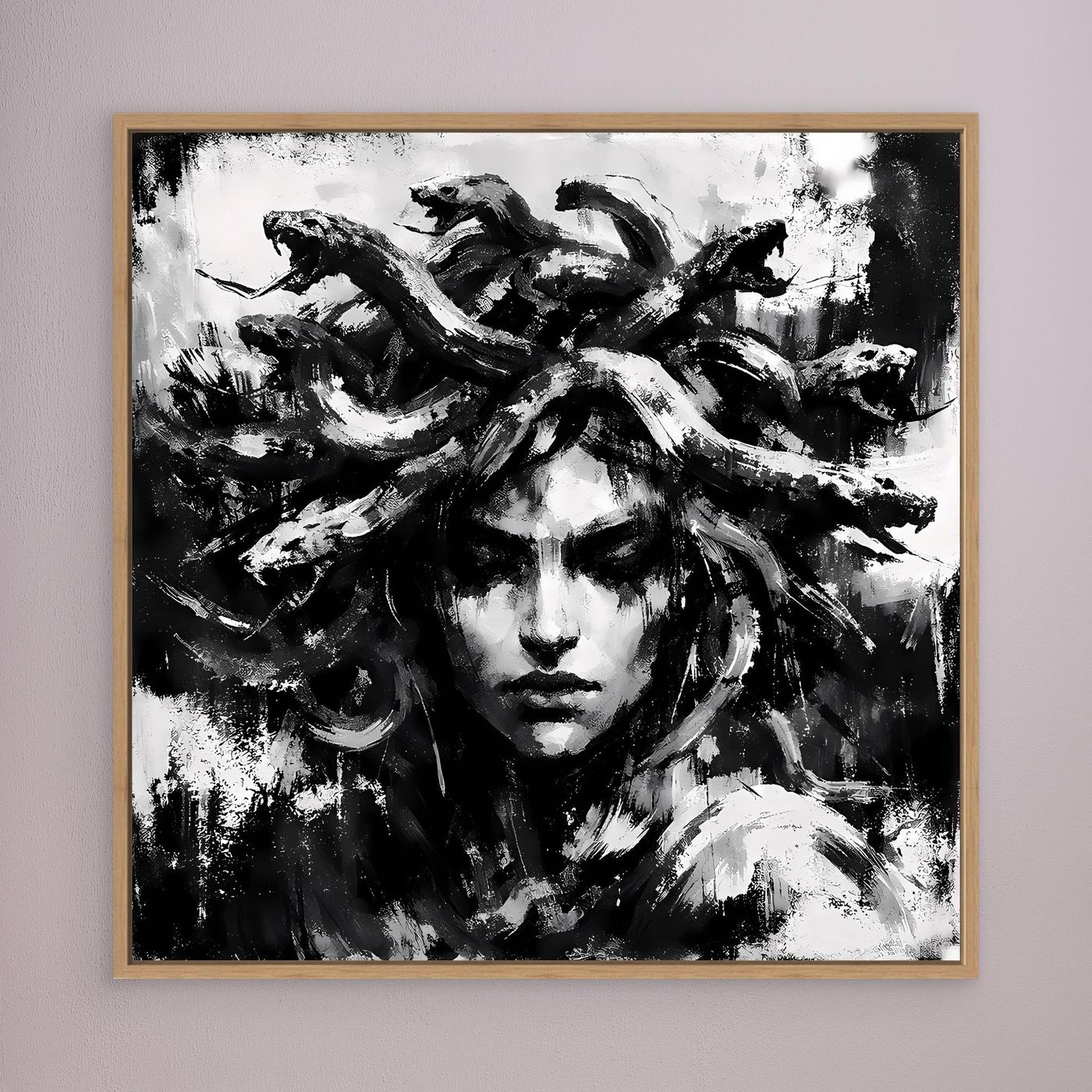 Wood-framed black-and-white abstract Medusa wall art with brush-stroke face
