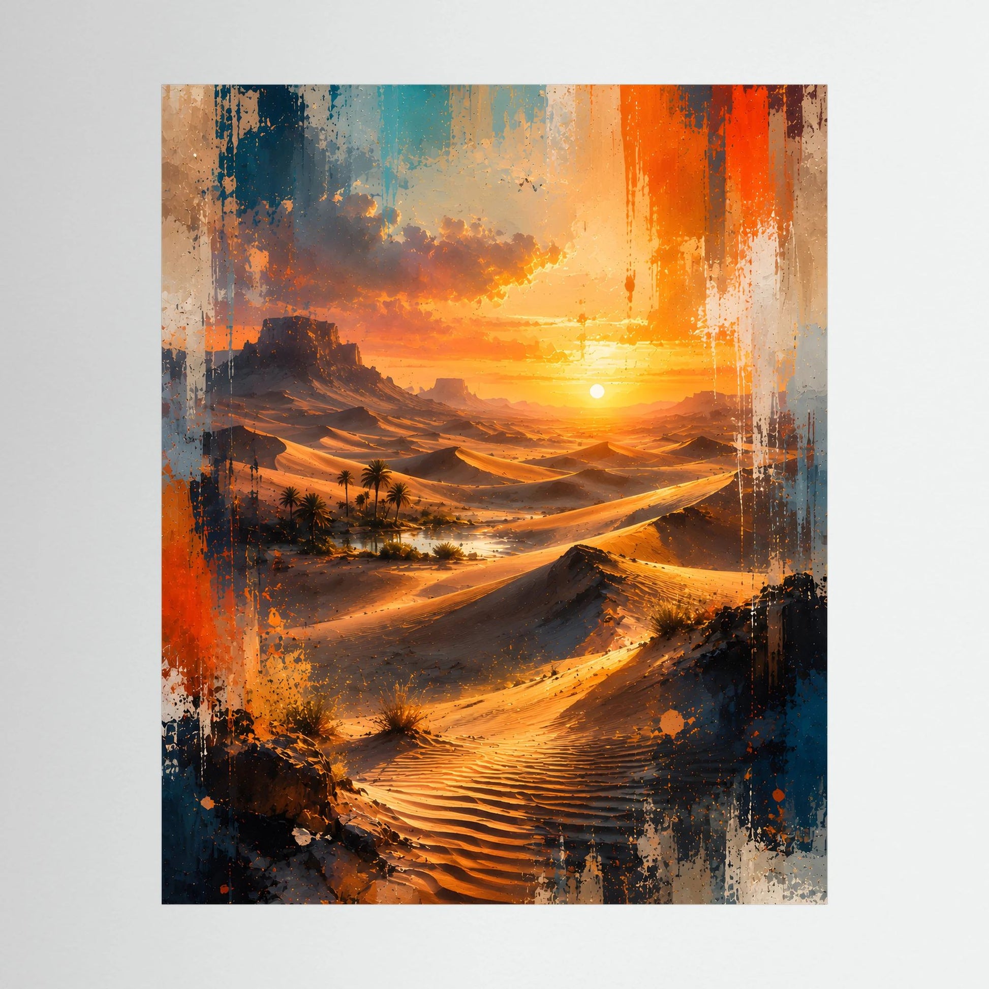 Wüstenlandschafts-Poster im Hochformat mit orange-blauem Sonnenuntergang und Dünen