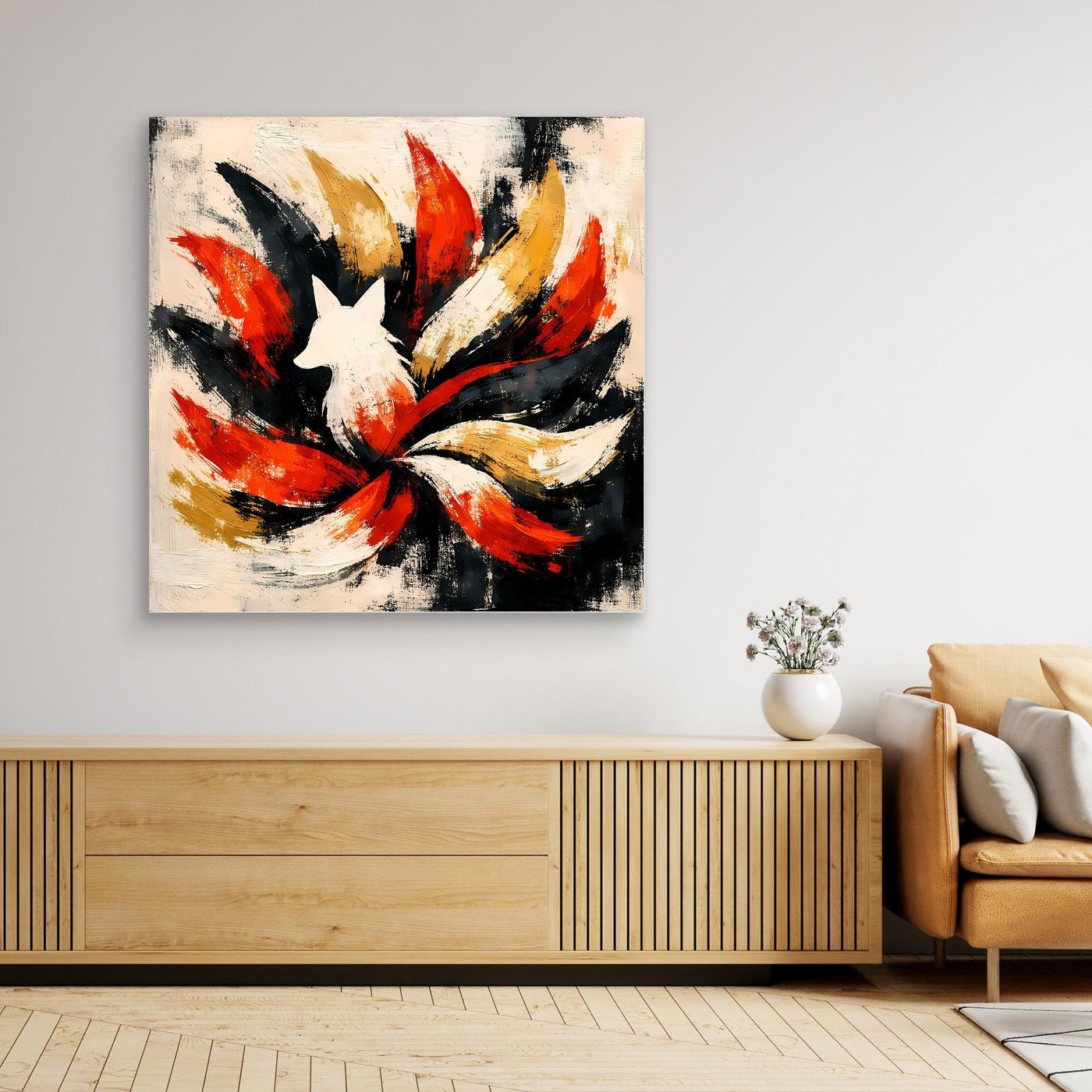 Leinwand Mythischer Neunschwänziger Fuchs Kitsune | Abstraktes Asia Fantasy Wandbild