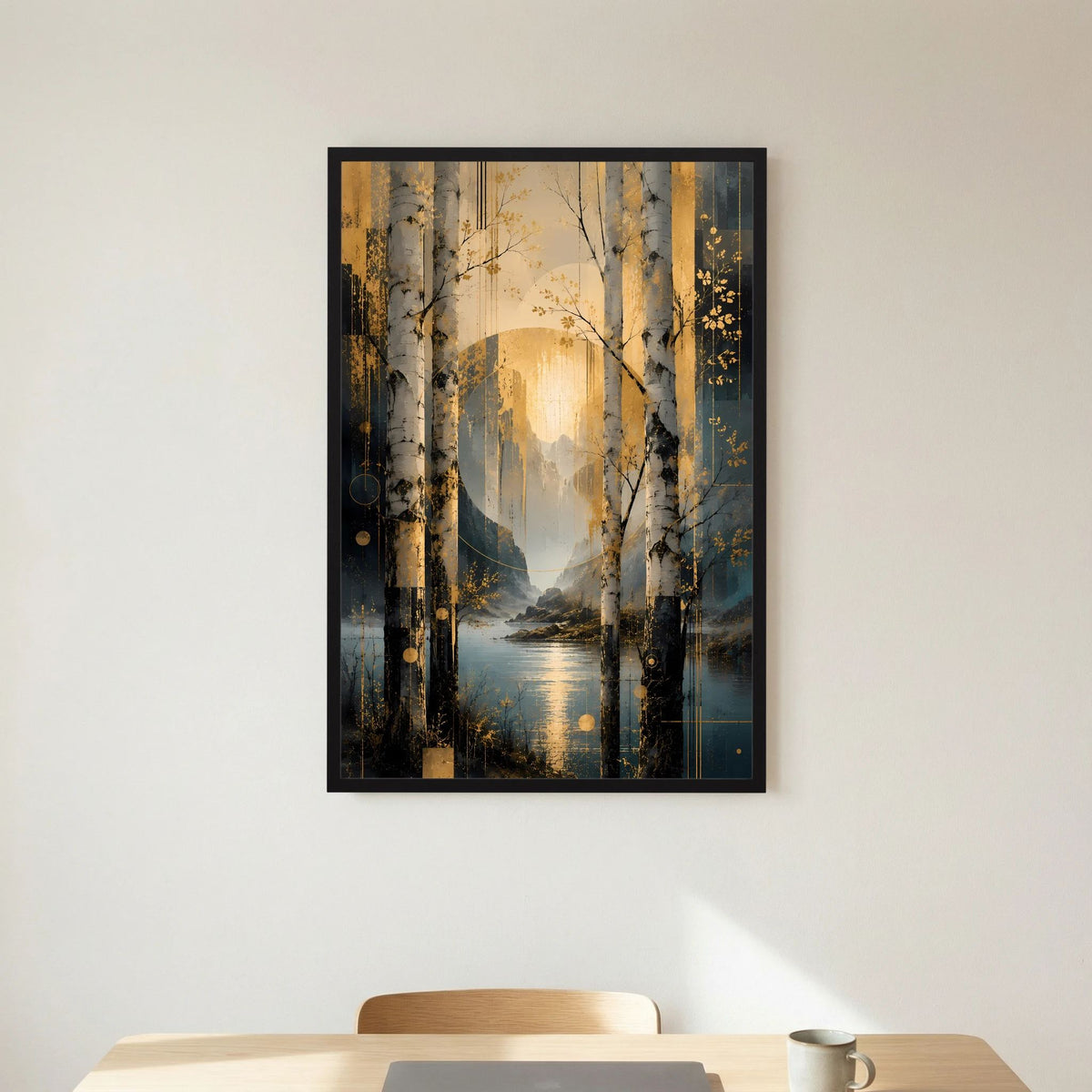 Poster im Hochformat mit Birkenallee und See, goldene Lichtstimmung, petrolfarbene Flächen