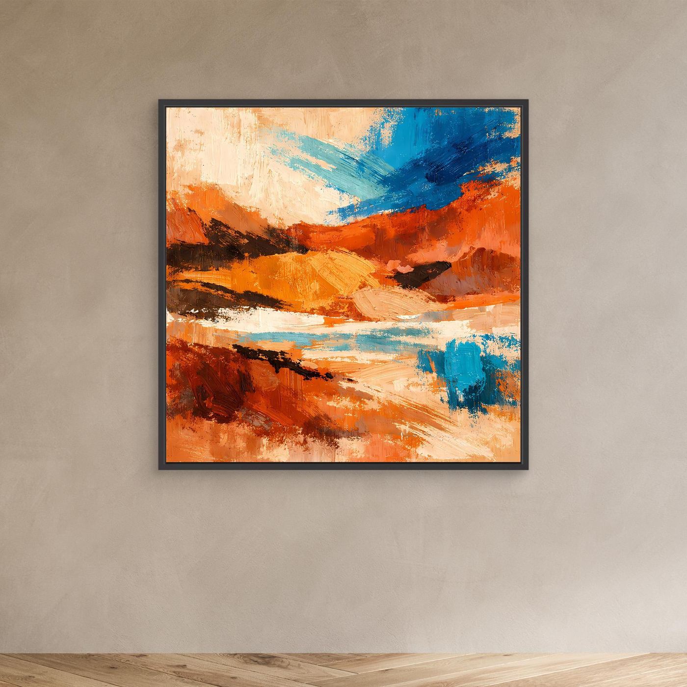 Wandbild mit abstraktem Canyon-Motiv, orange und blau, schwarz gerahmt