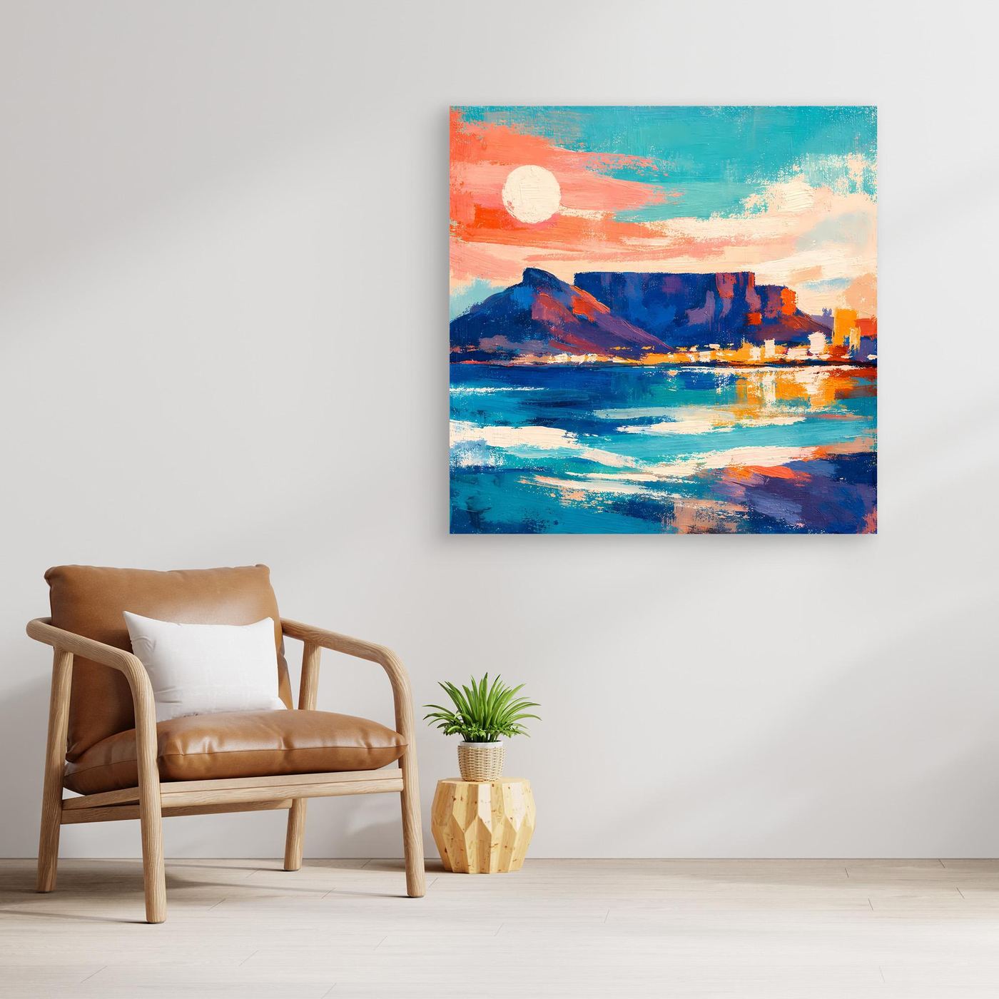 Abstraktes Leinwandbild mit Küstenlandschaft und Sonne, Holzrahmen