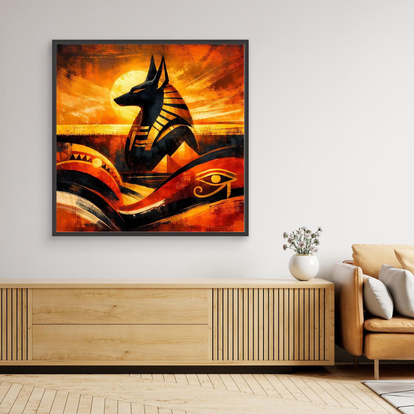 Gerahmtes Leinwand-Wandbild mit abstraktem Anubis in Orange und Schwarz, schwarzer Rahmen