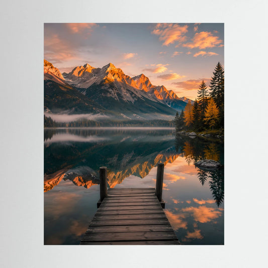 Hochformatiges Kunstposter mit Steg am Bergsee bei Sonnenuntergang und Spiegelung