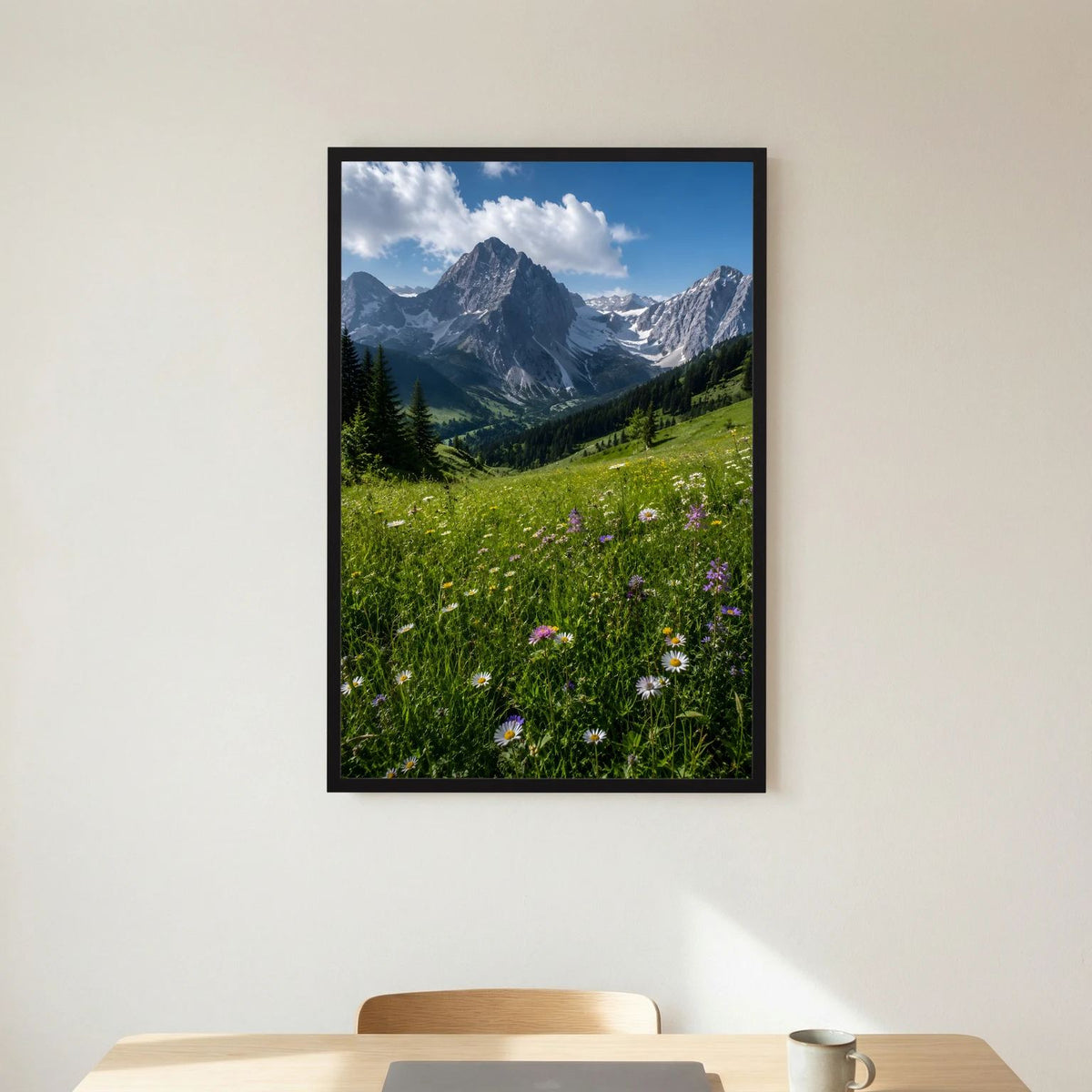 Wandbild im Hochformat mit Berglandschaft und Wildblumen, schwarzer Rahmen