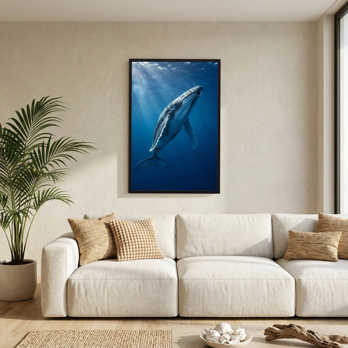 Hochformatiges Poster: Buckelwal unter Wasser im schwarzen Rahmen.